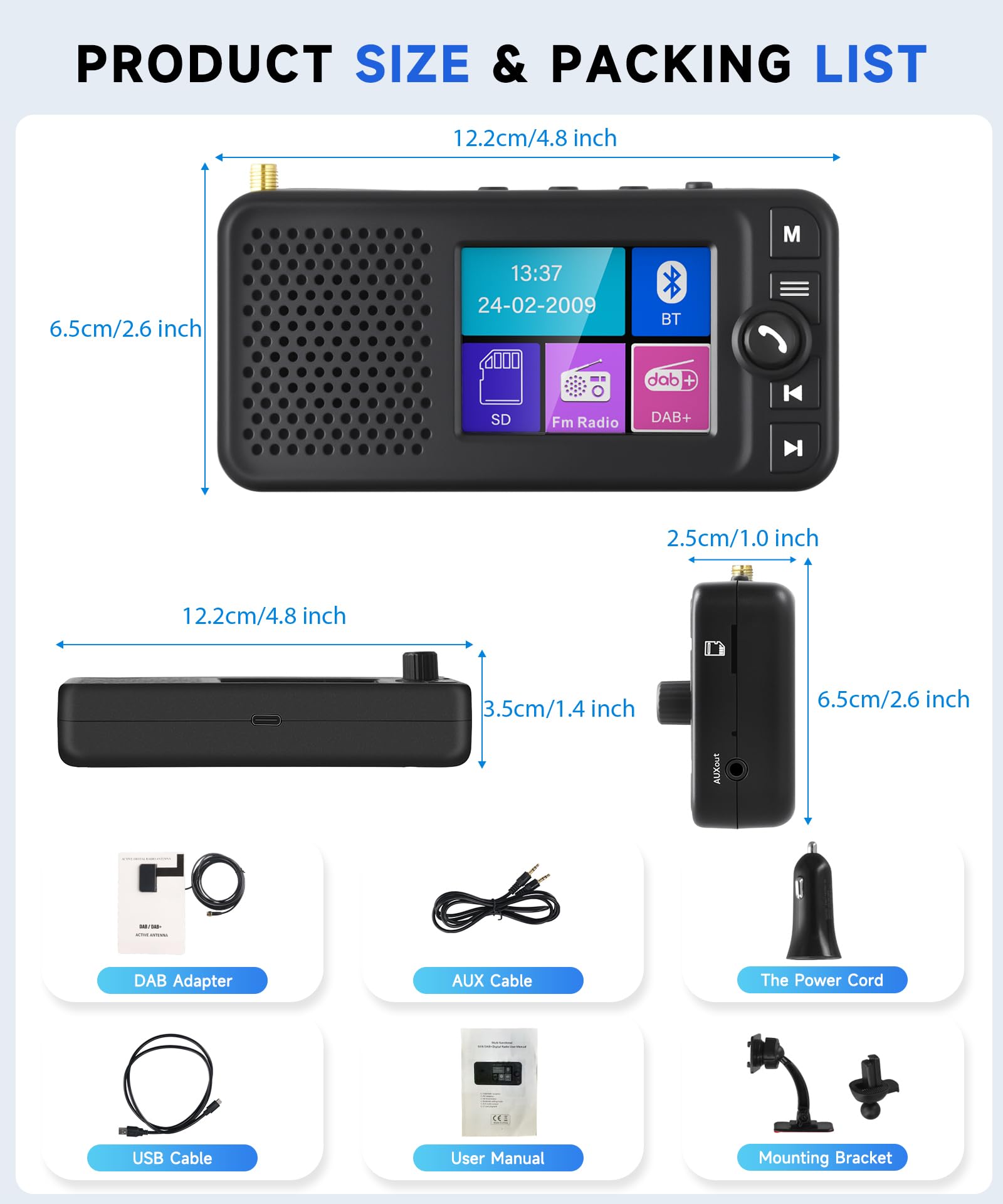 VECHTEL DAB+ Digitalradio mit Bluetooth und 1500mAh Wiederaufladbare Batterie, Tragbares Digitalradio mit 2,4 Zoll LCD Farbdisplay, Tragbares DAB+ Radio Unterstützt FM-Transmitter Bluetooth TF AUX