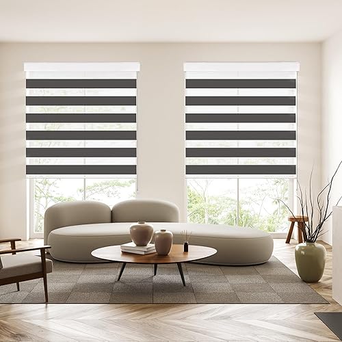 Miniatura 7 de Allesin Zebra - Persianas opacas para ventanas, persianas enrollables estilo cebra, color gris carbón, 30 x 72 pulgadas, filtro de luz de doble capa
