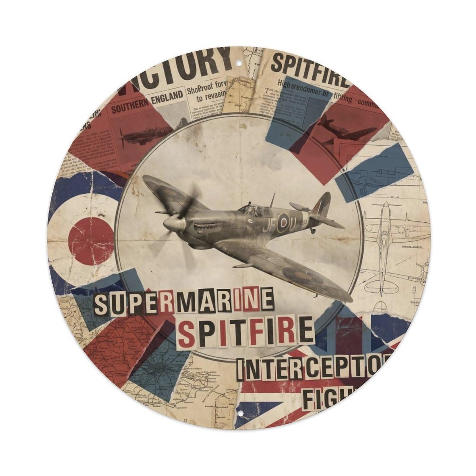 Spitfire Fighter Aircraft British WWII Military RAF Metal Tin Sign Plaque Wall Decor for Cafe, Man Cave, Club Bar, Office, Home Garden Round Metal Poster 8x8Inch