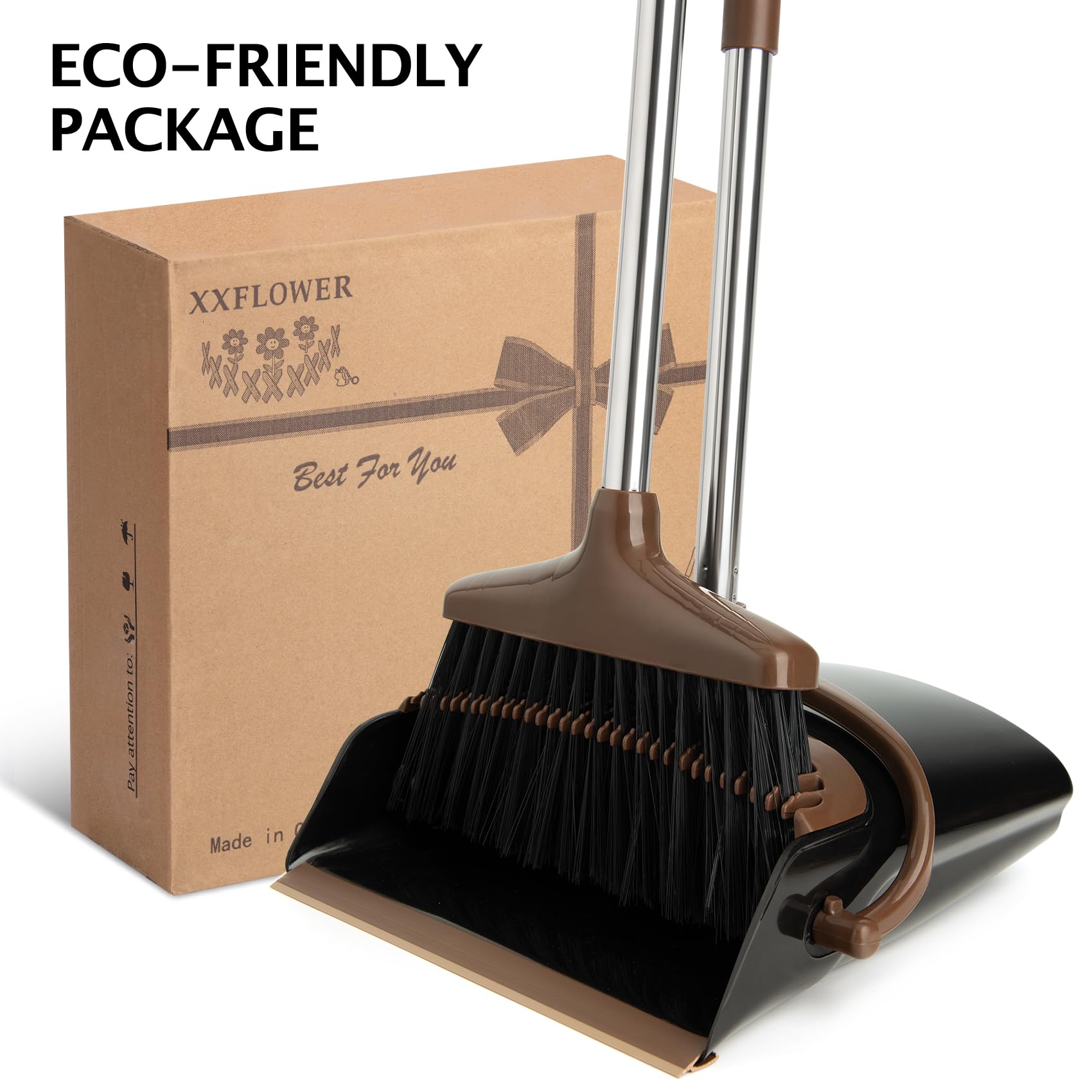 Juego de escoba y recogedor con mango largo extensible, escoba con pala para limpieza del hogar oficina (negro marrón)