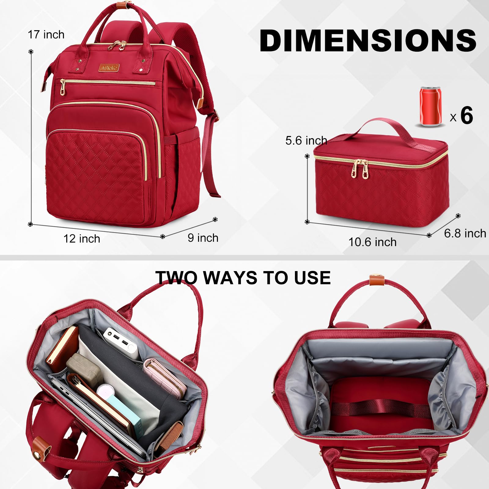 Mochila de almuerzo con bolsa de almuerzo aislada, mochila grande para laptop de 15.6 pulgadas, mochila de trabajo, bolsa de libros, Rojo -, Mediana, Moderno 6