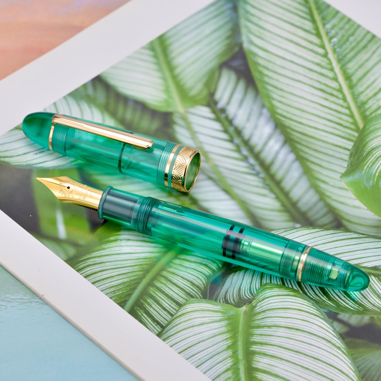 erofa Majohn P140 Pluma de pistón NO.8 Pluma media, gran capacidad Transparente Verde Acrílico Pluma de escritura Regalo con caja