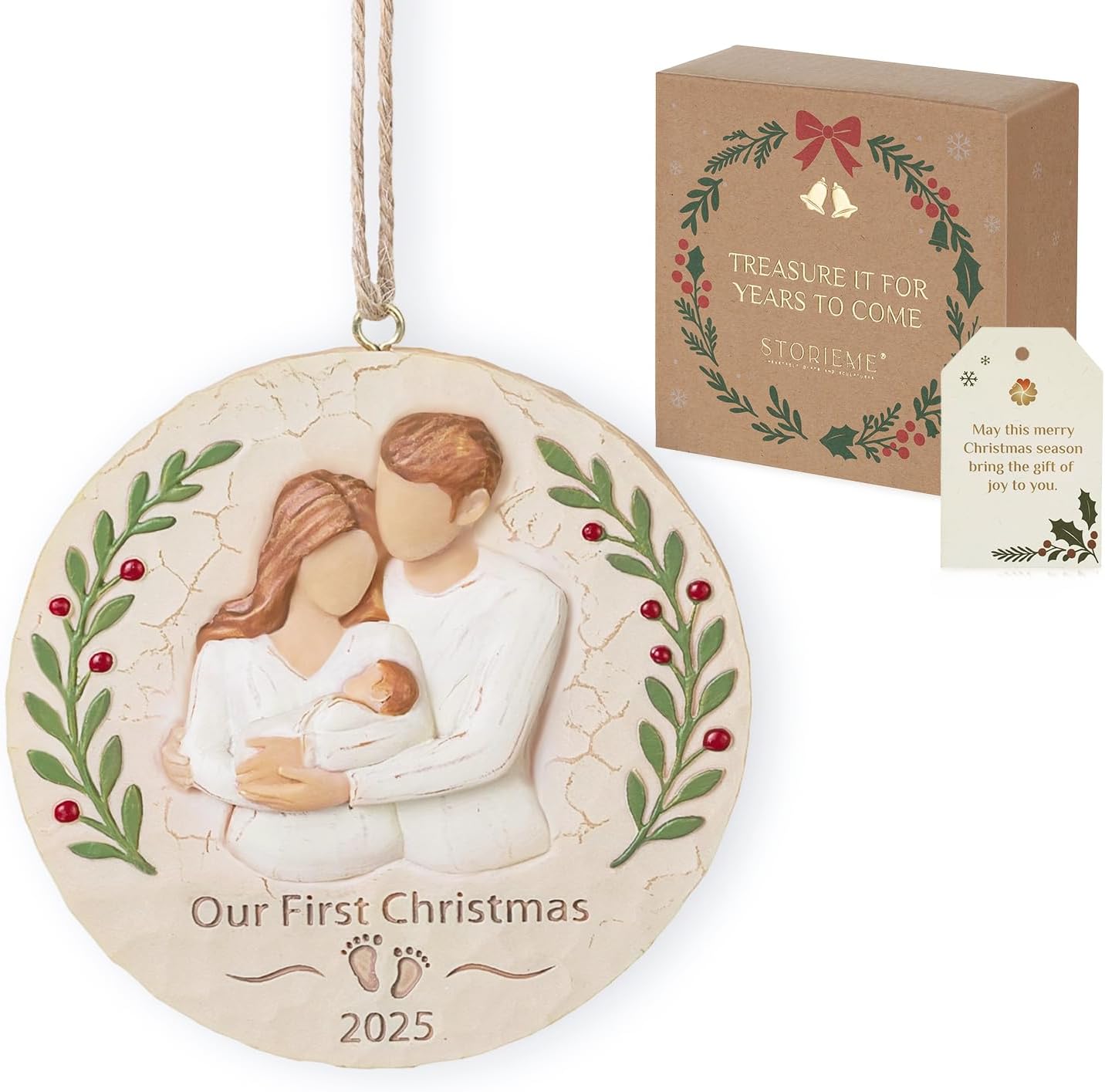 Baby's First Christmas Ornament 2025: Storieme Our 1st Family Ornaments Keepsake for Newborn Baby Girl Boy - 3D Resin Christmas Tree Decorations Gifts for First Time Mom Dad Parents