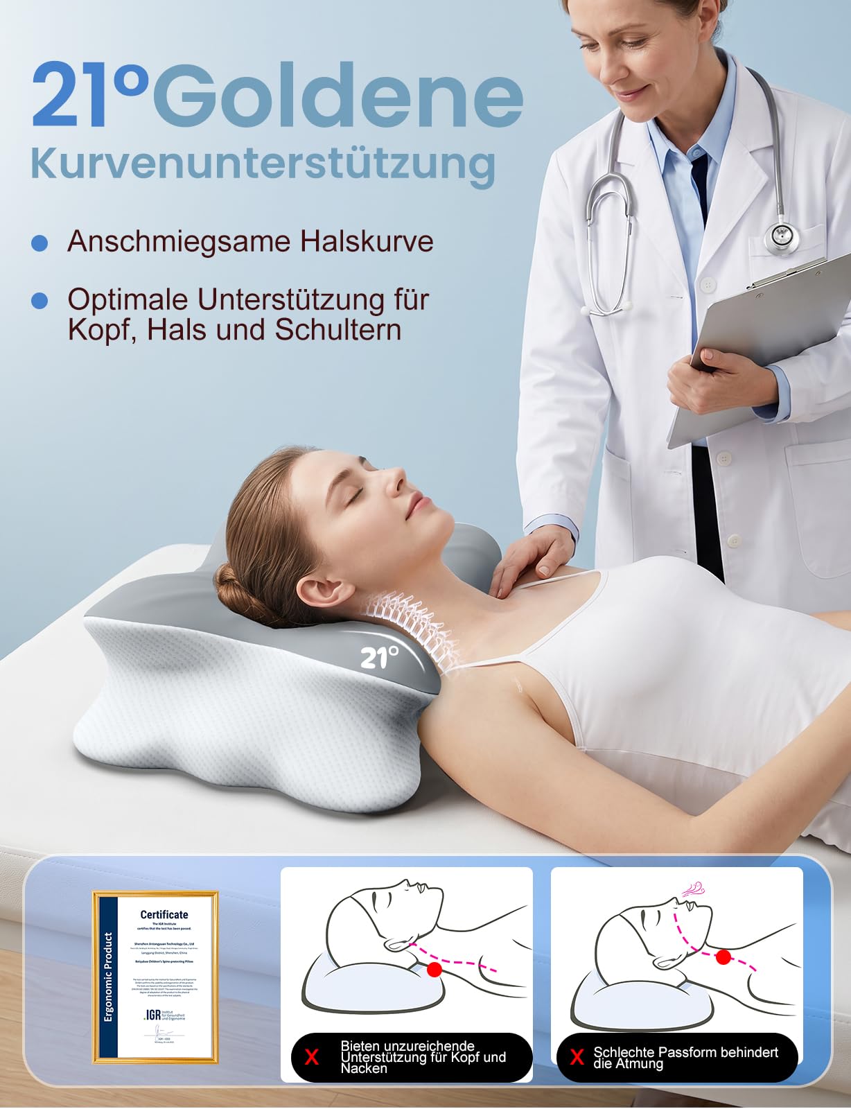 Nackenkissen, Nackenstützkissen, Memory Foam Kissen, Seitenschläferkissen, Schmetterlingskissen, Ergonomisches Kopfkissen, für Rücken-, Seiten- und Bauchschläfer, Abnehmbarer Bezug