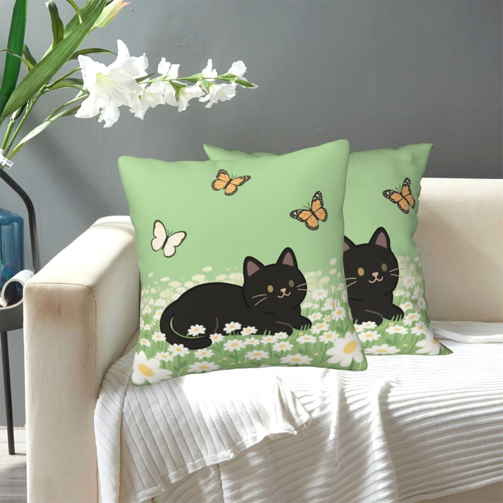FekiLoot Decorative Throw Pillow Covers Modern Farmhouse Pillowcase Double Sided Cozy Cushion Cover for Sofa Couch Bed 18"X18" Cat Kitten Daisy
