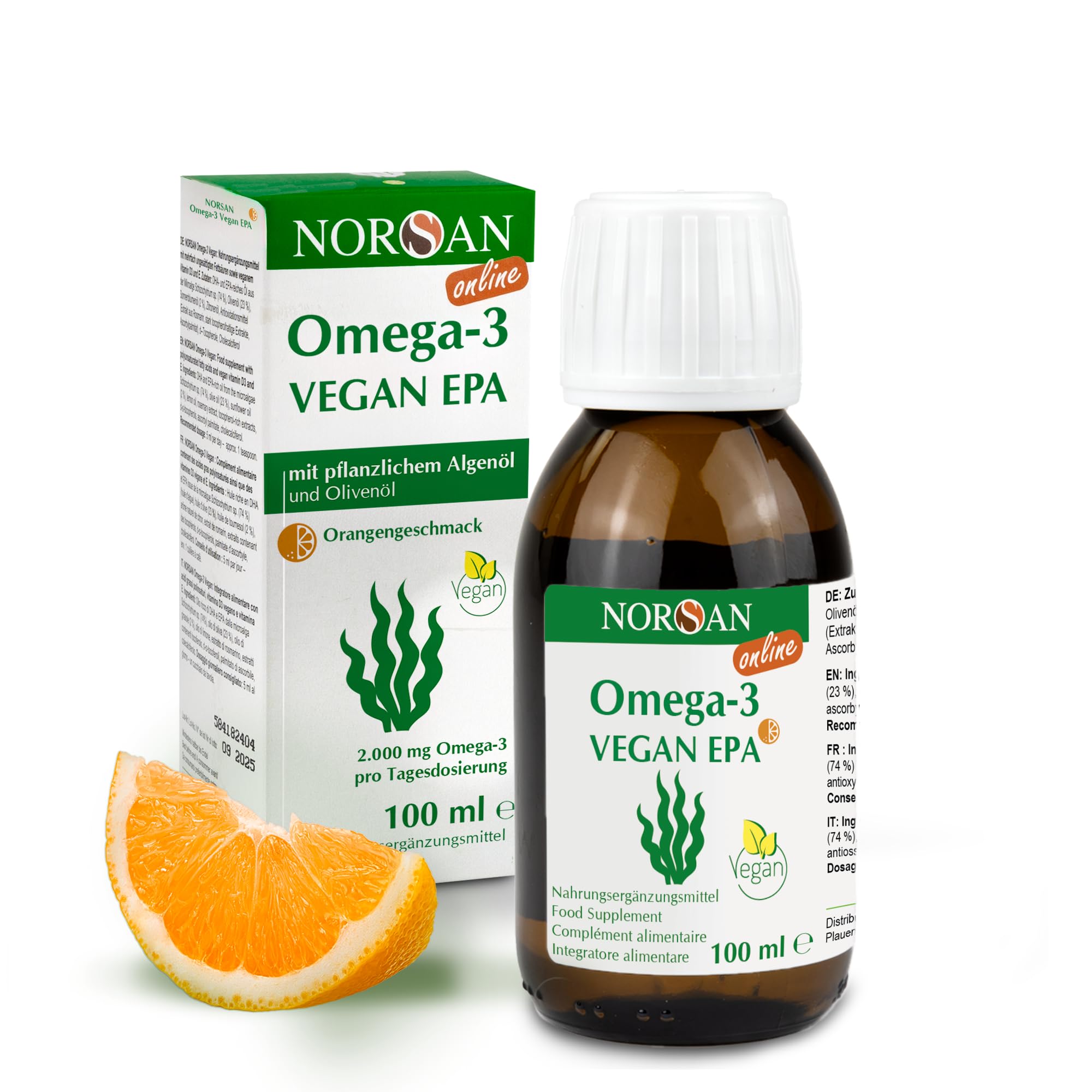 NORSAN Omega-3 VEGAN EPA 100 ml - extrem hoher EPA-Gehalt: 1.104 mg pro Tagesdosis - 2.000 mg Omega-3 aus hochwertigem Algenöl - mit 800 IE Vitamin D3 & Polyphenol-reichem Olivenöl