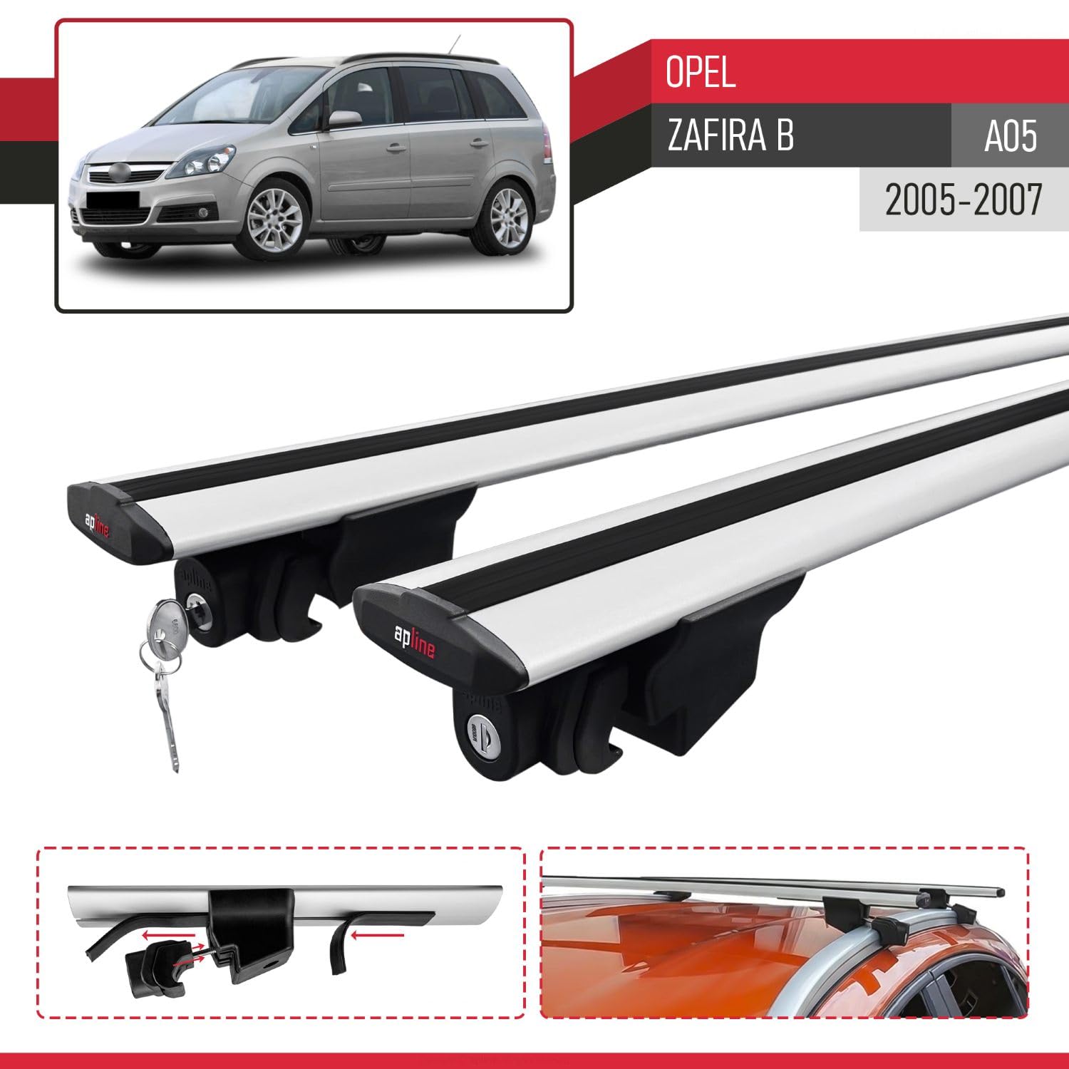 Compatible con Opel Zafira B (A05) Pre-Facelift 2005-2007 Modelo Hook Barra de Techo Auto Portaequipajes Barras Transversales Gris Aluminio 2 Barras