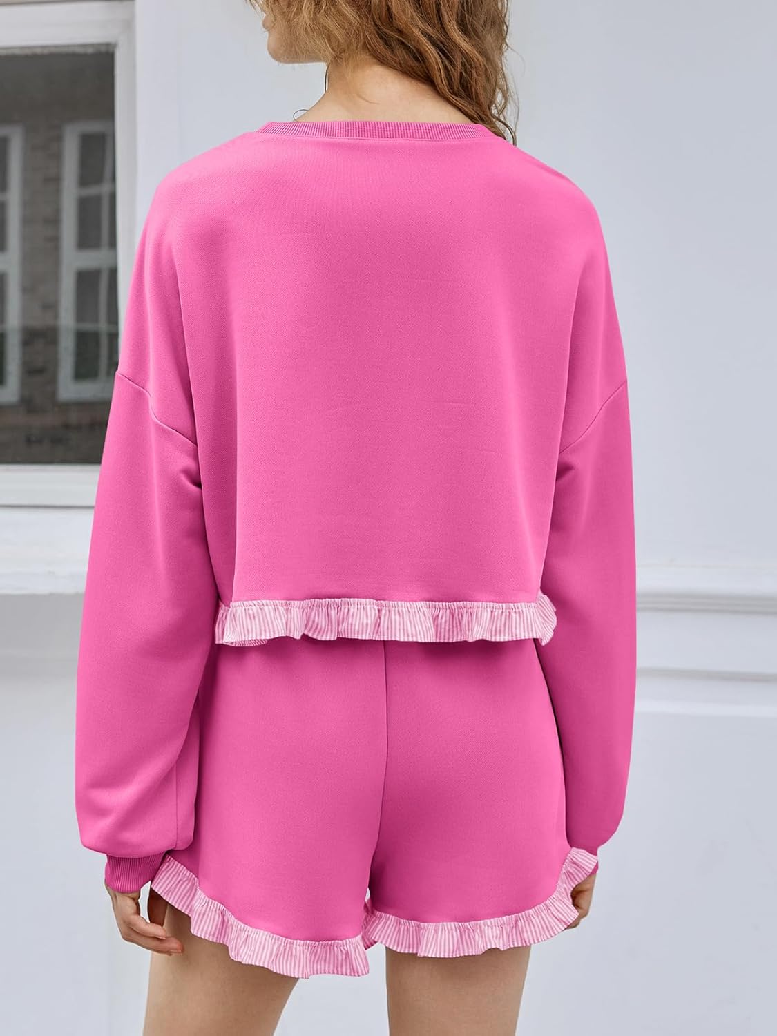 Fisoew Women's 2 Piece Lounge Sets Color Block Ruffle Cropped Sweatshirts Loose Drawstring Waist Shorts Sweatsuits - Image 3