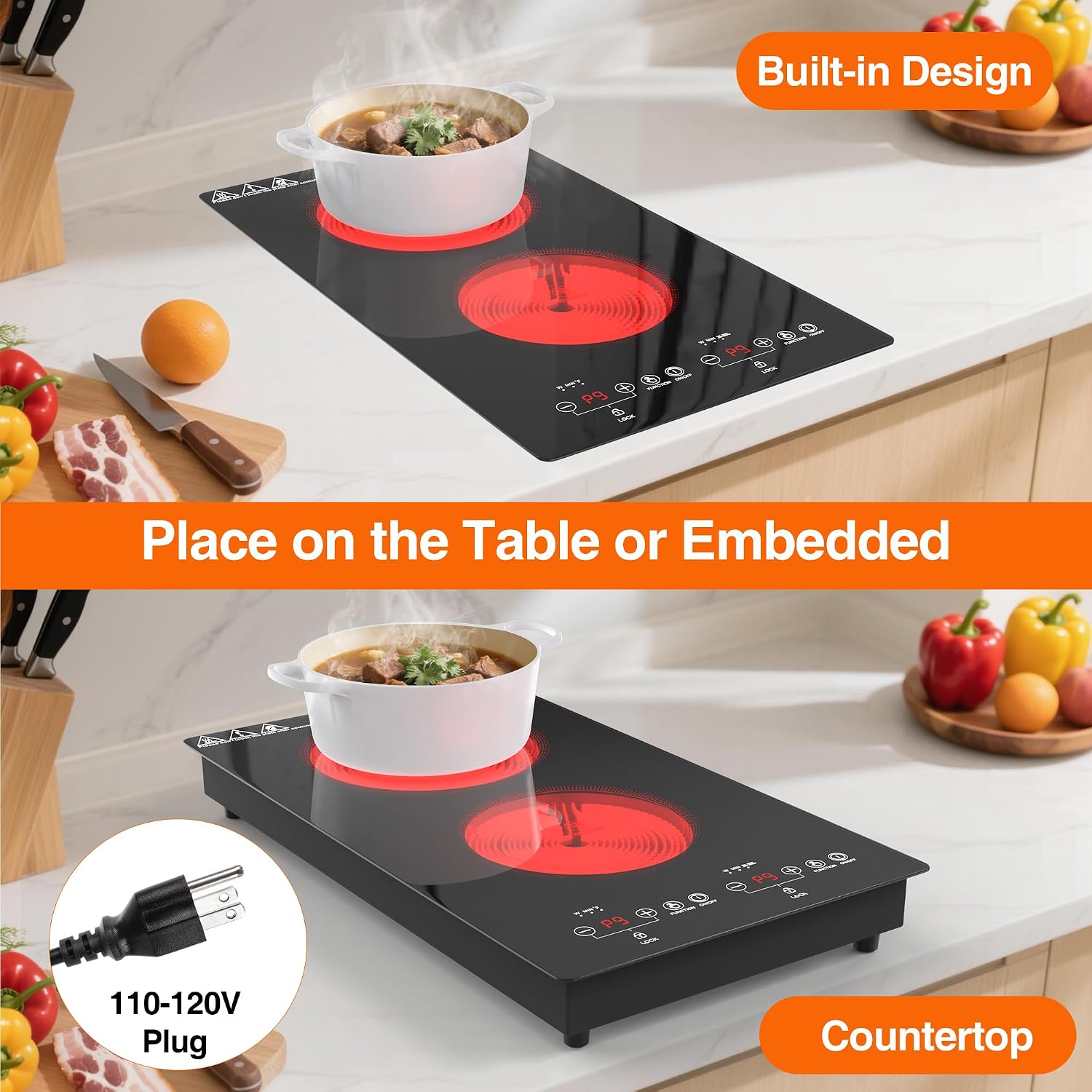 WABK Electric Cooktop 2 Burners, 12'' Electric Stove Top with Plug in, Sensor Control Countertop & Built-in Ceramic Cooktop, Keep-Warm, 9 Heating Level, Timer, Child Lock, Compatible with All Cookware