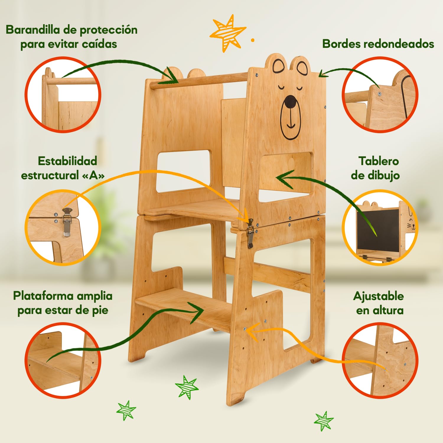 KAUZA Torre de Aprendizaje Montessori Plegable para Niños – Ajustable en Altura, Transformable en Mesa y Silla, Ideal para la Cocina, Juegos y Actividades, Seguridad Garantizada, Madera Natural