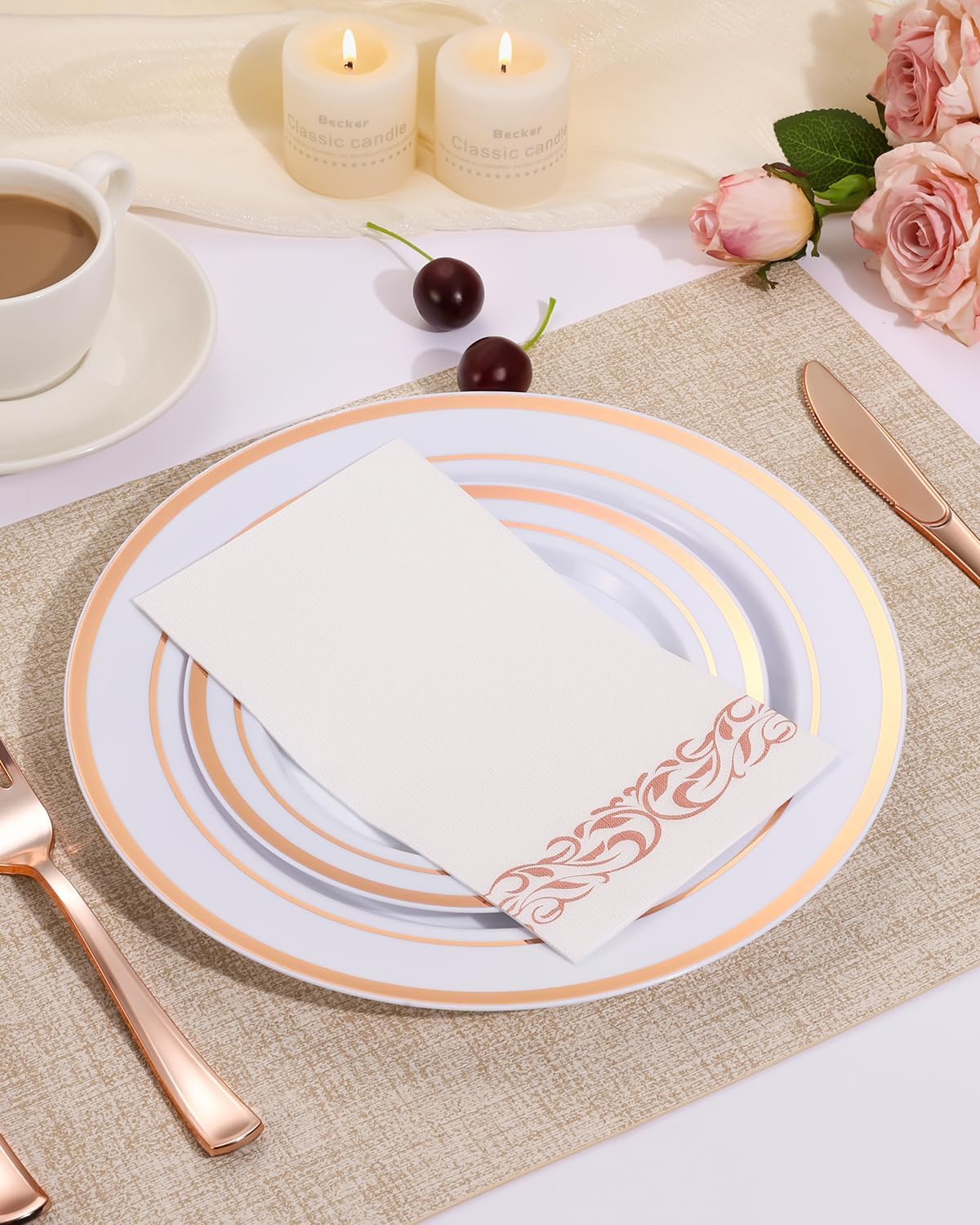 Goodluck 200 Pack 3-Ply Disposable Napkins - Soft & Absorbent Paper Hand Towels for Bathroom Guests, Dinner Party, Kitchen, Christmas, Wedding & Events, Parties - Rose gold Trim