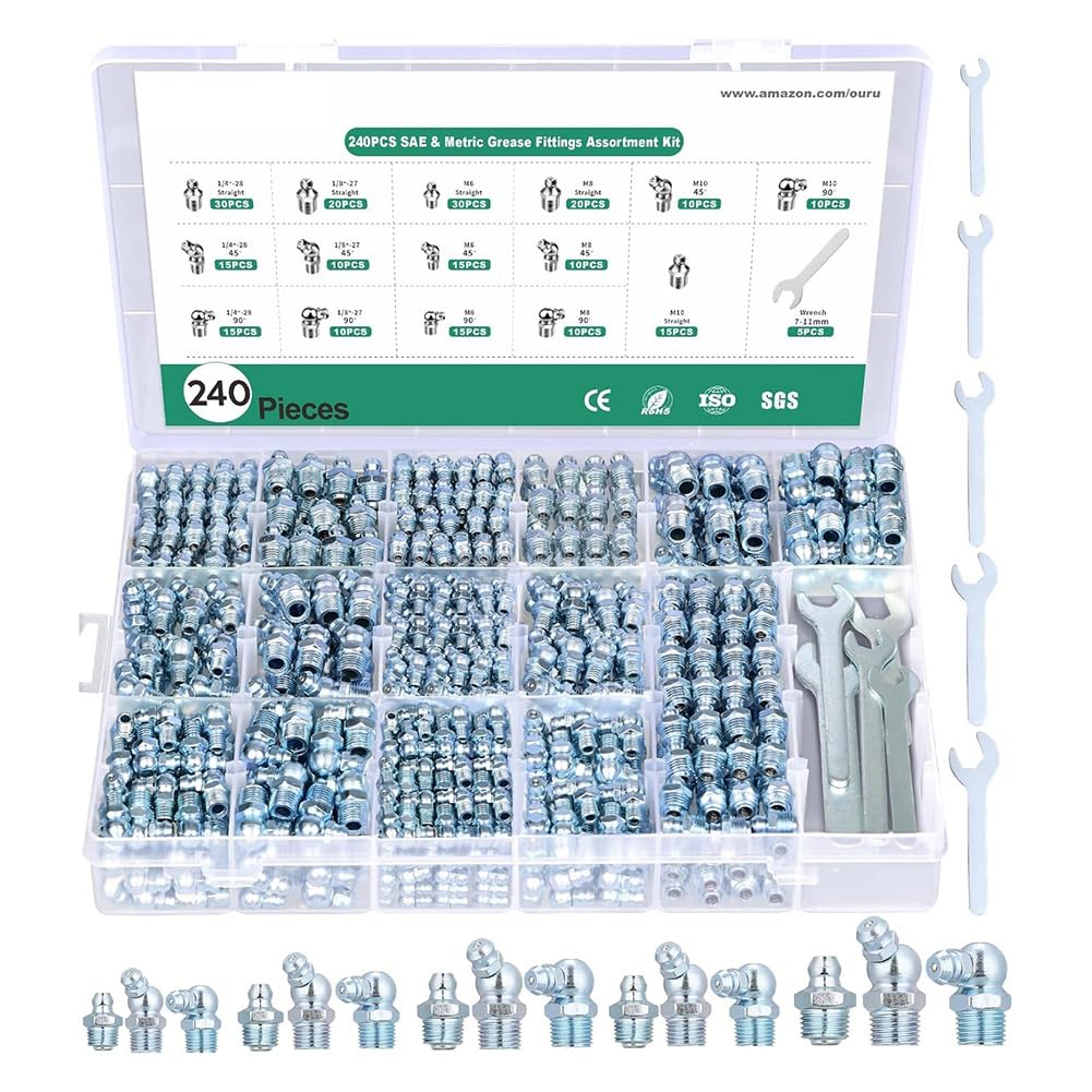 Littimoon Grease Fittings Assortment 240PCS SAE& Metric Zerk Straight 45 90 Degree Grease Fittings with Wrench Kit(7-11mm)