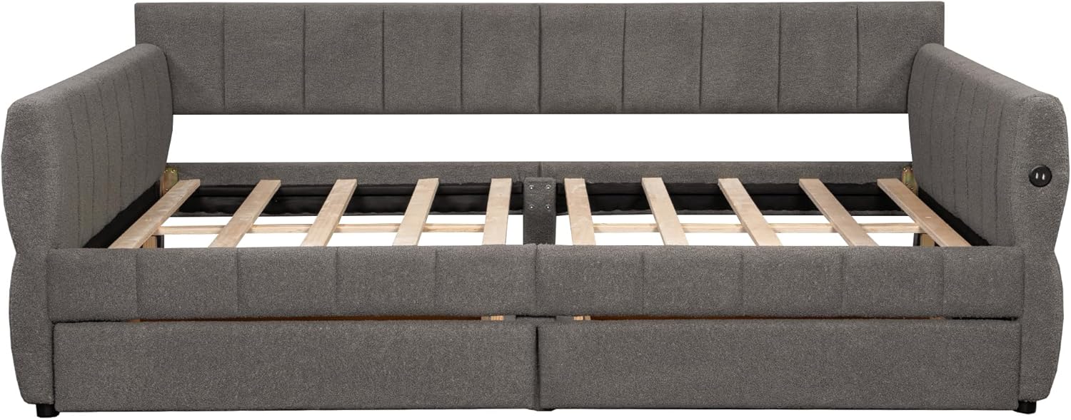 Ball & Cast Queen Size Daybed with Storage Drawers and USB Port,Upholstered Day Bed Frame with Channel Tufted Backrest and Armrest, Boucle Fabric,No Box Spring Needed,Gray