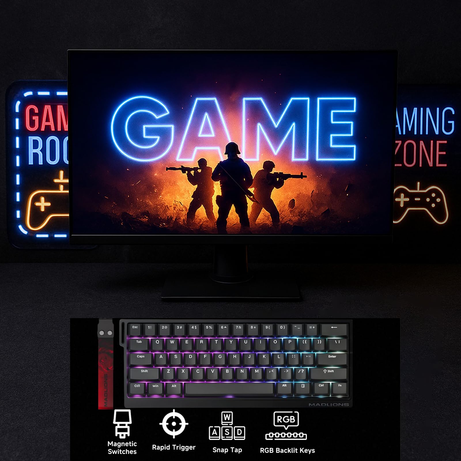 FOXMM MAD 60 Pro HE Clavier Gamer 60% RVB Filaire, Rapid Trigger 8000 Hz, Switchs Magnétiques Effet Hall, Ultra Précision RT 0,01 mm, Actionnement Réglable, pour Jeux FPS, Noir