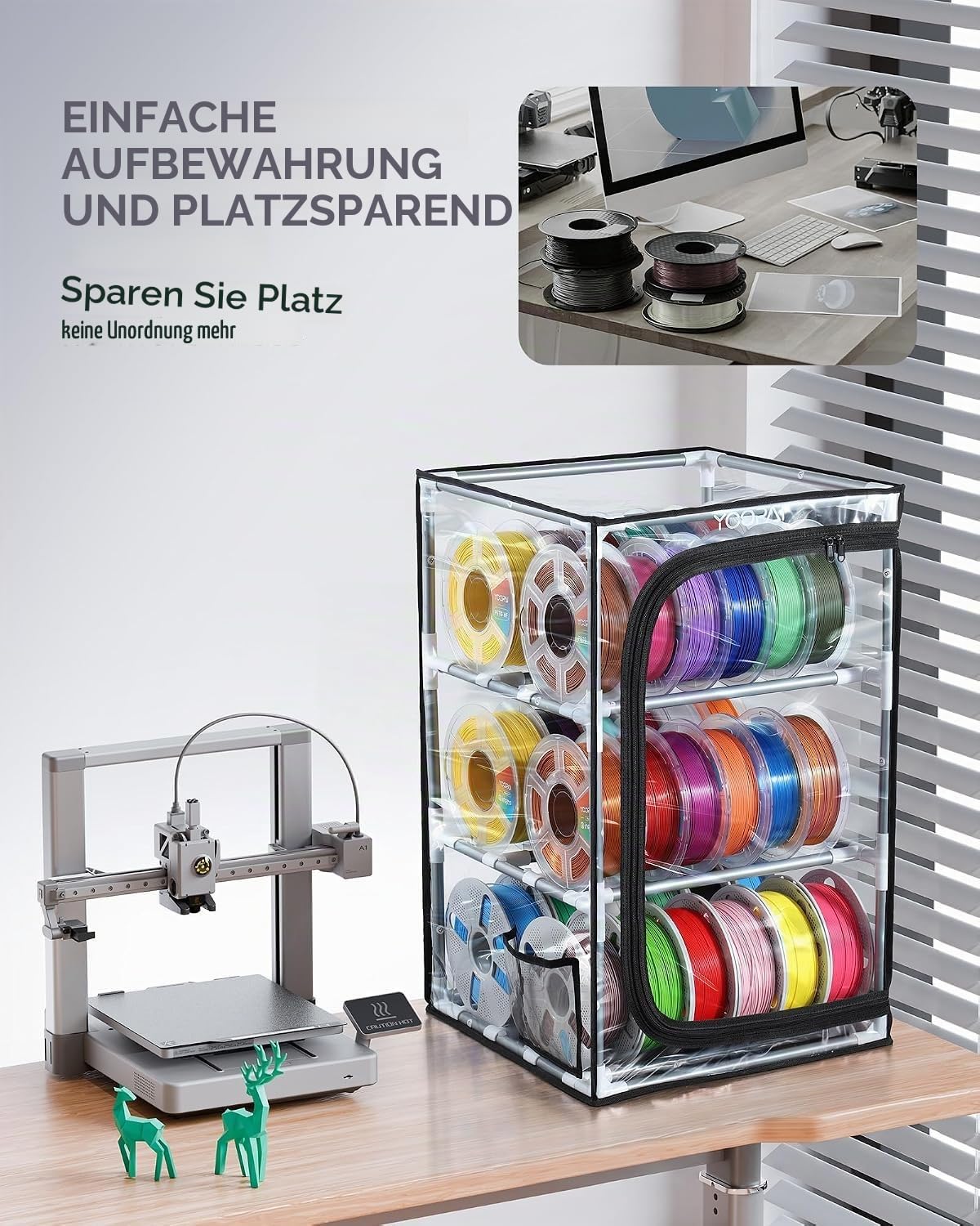YOOPAI Filament Aufbewahrungsbox, 3-stöckiges Metall Regal mit transparenter Abdeckung & Trockenmittel – Für 30 Rollen (PLA, ABS, PETG, TPU), luftdichtes Design, platzsparend für Werkstatt & Heim