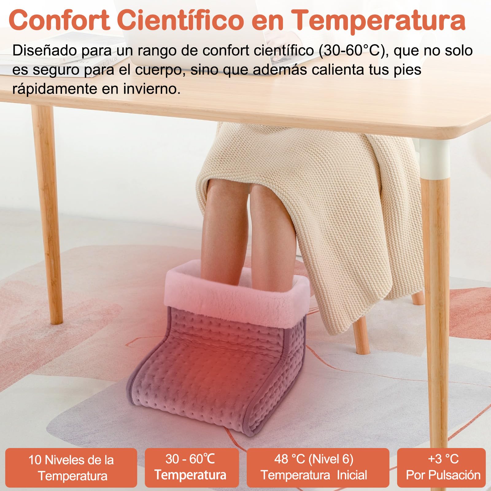 DEWEL Calentador de Pies Eléctrico Calentador Pies 90W 10 Niveles de Temperatura 30-60℃ Temporizador de 45/90/120min Calientapiés Eléctrico Forro Extraíble y Lavable hasta Talla de 46