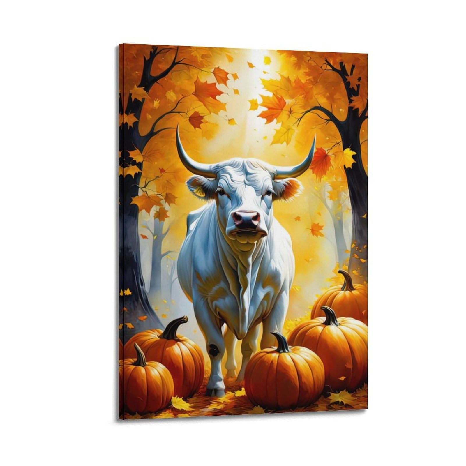 ZSZWHJ Animal Poster Cow And Pumpkin Poster Decorative Painting Canvas Wall Posters And Art Picture Print Modern Family Bedroom Decor Posters 20x30inch(50x75cm)