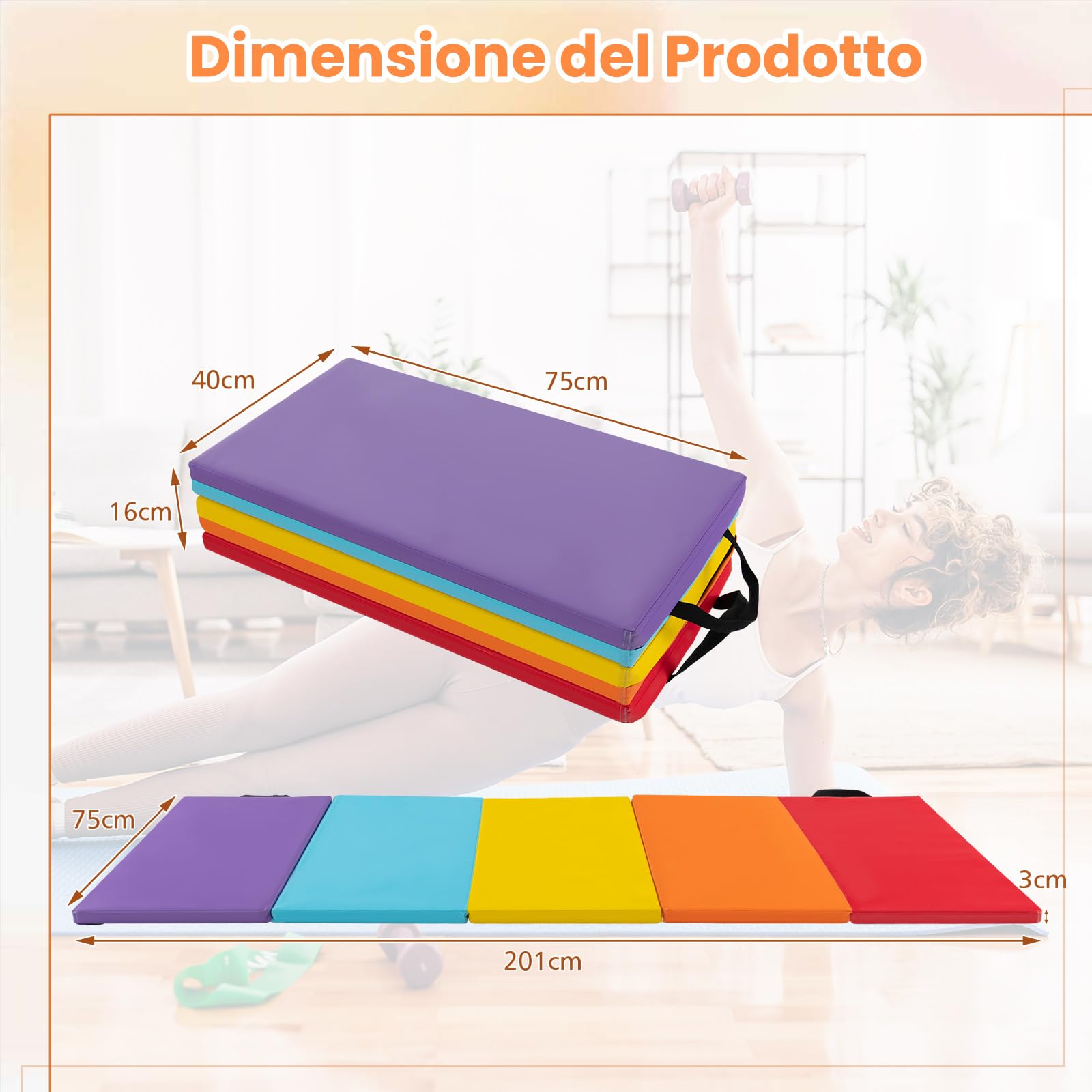 GYMAX Tappetino da Ginnastica Pieghevole a 3 parti, Tappetino Portatile con Velcro, Materasso da Allenamento con Maniglie Portatili per Bambini e Adulti, Tappetino Allenamento