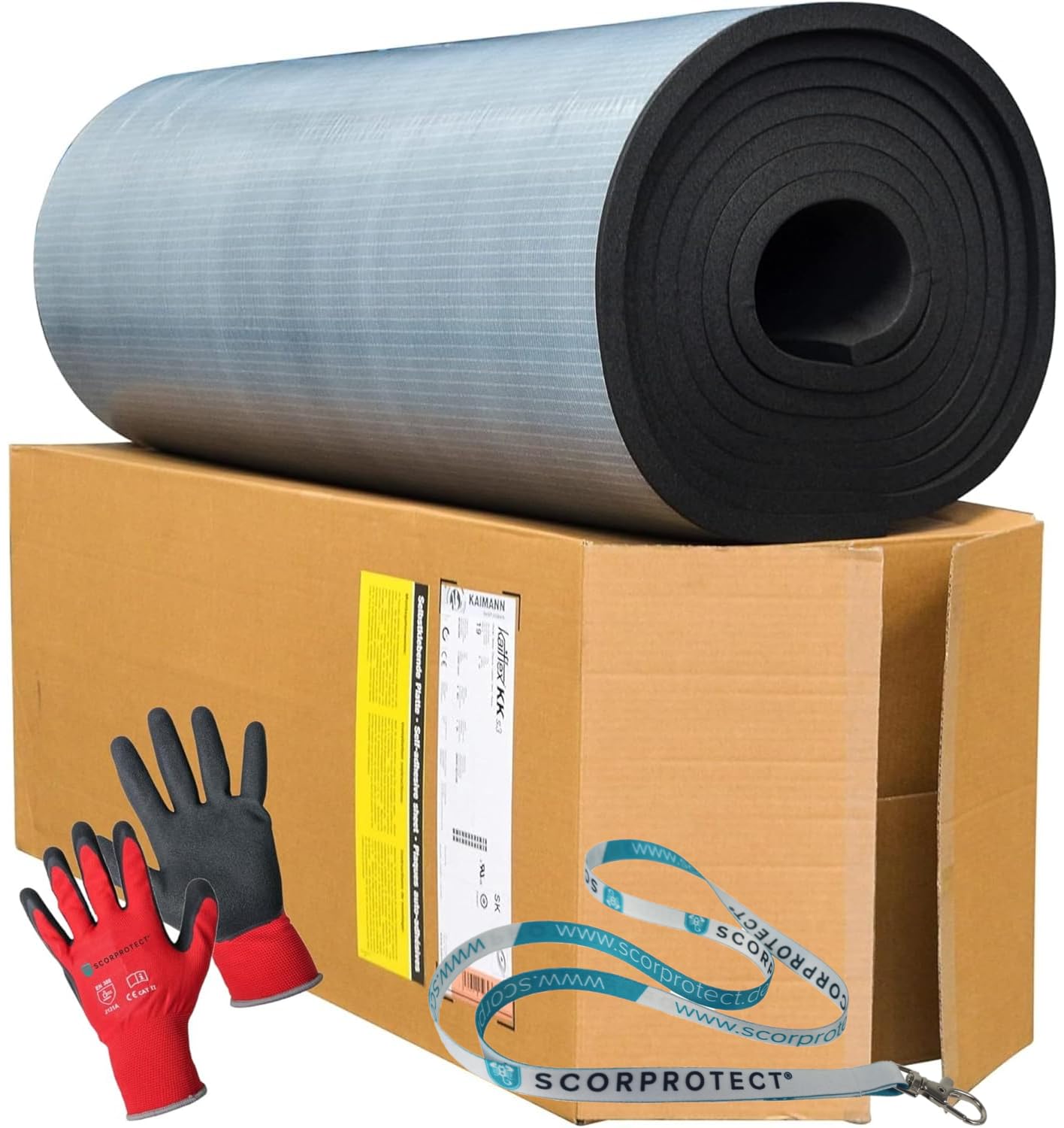Kaimann Kaiflex KK - Placa de goma autoadhesiva de 19 mm + 1 par de guantes rojos CAT2 + cordón SCORPROTECT