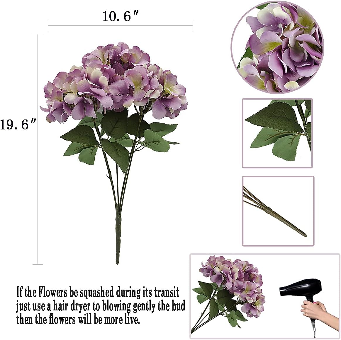 2Bouquets Artificial Fake Flowers Silk Hydrangea Arrangements Wedding Bouquets Decorations Plastic Floral Home Kitchen Garden Party Festival Bar DIY(Grey Purple,5 Flower Heads) - Image 2