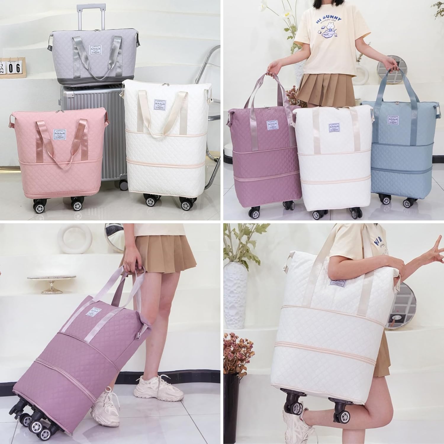 Rolling Duffle Bag with Wheels, Detachable Spinner Wheels, Wet Pocket, Beige - Image 2