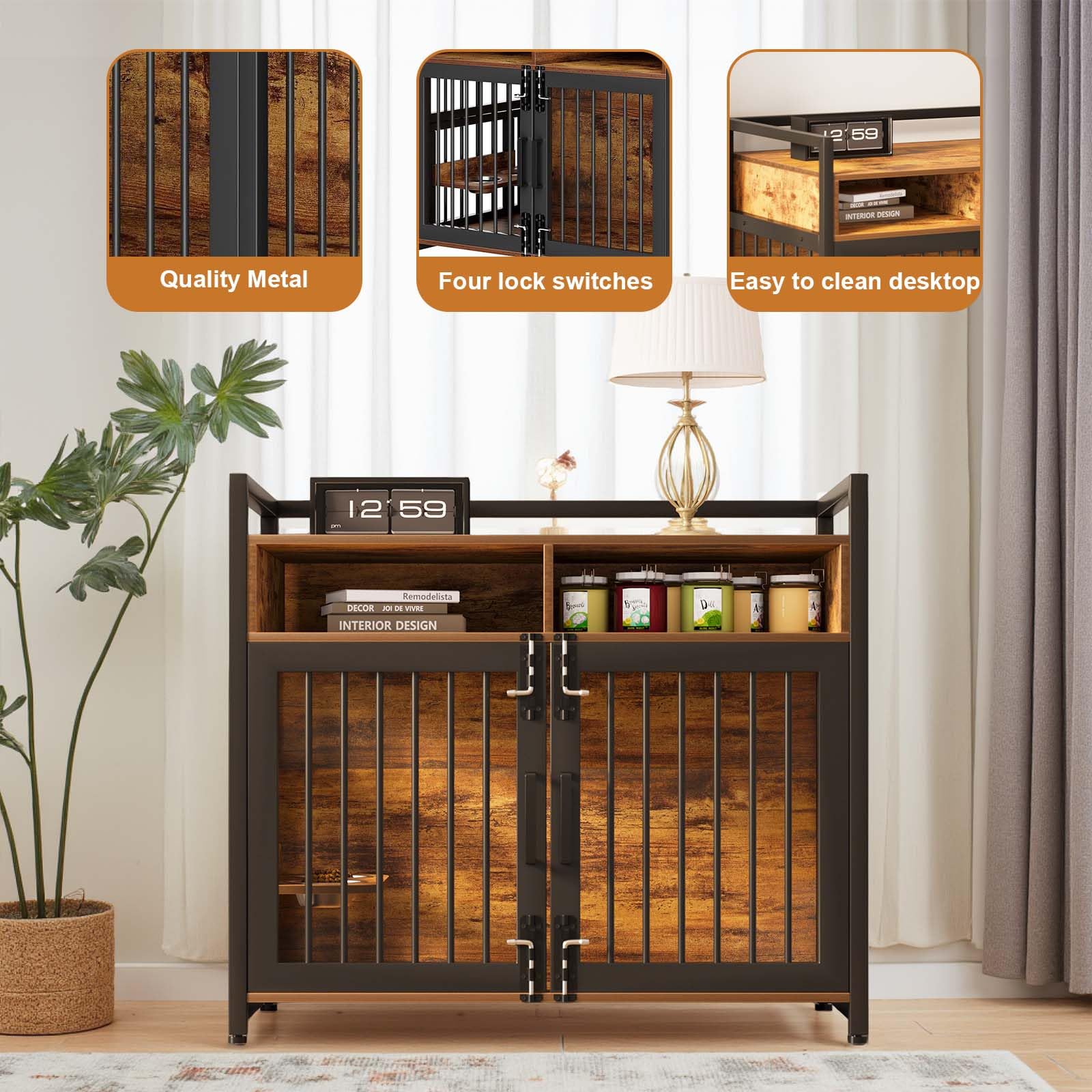 Hundekäfig Möbel Mit Lagerregal, 122x76x110Cm, Hundebox Möbel Mit 360° Drehbaren Hundenäpfen Und Mit 2 Türen, Hochbelastbarer Hundekäfig Für Zuhause, Hundeschrank Für Große Und Mittlere Hunde