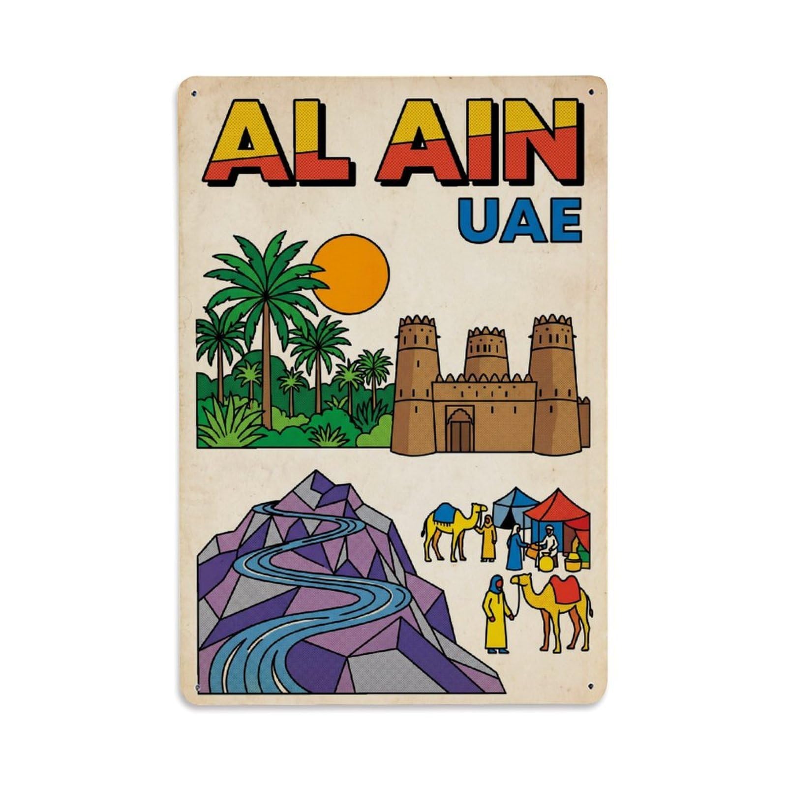 Travel UAE Al Ain Retro Metal Tin Sign Plaque Wall Decor for Cafe, Club Bar, Office, Garden Metal Poster 8x12Inch