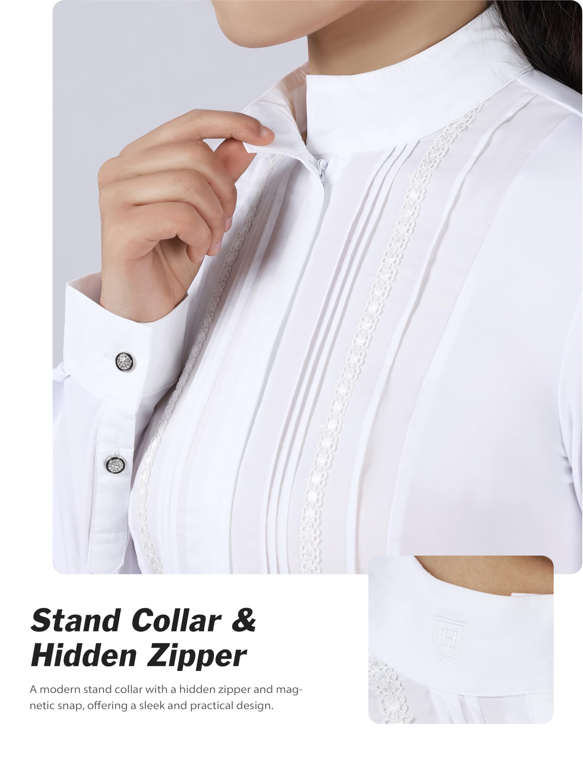 Harrison Howard Plissiertes Reiteroberteil, Reitershirt, langärmelig, Reitshow-Shirt mit Spitzenbesatz