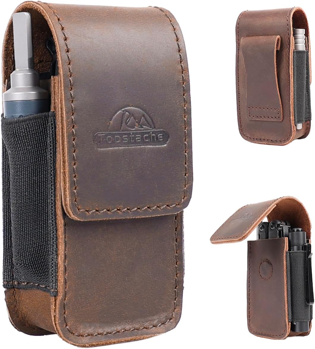 Topstache Leather Multitool Sheath for Belt - Multitool Holster for Belt - Leather Multitool Pouch Fits Folding Tool - Magnetic Closure EDC Belt Organizer - EDC Belt Pouch - Multitool Holder, Black