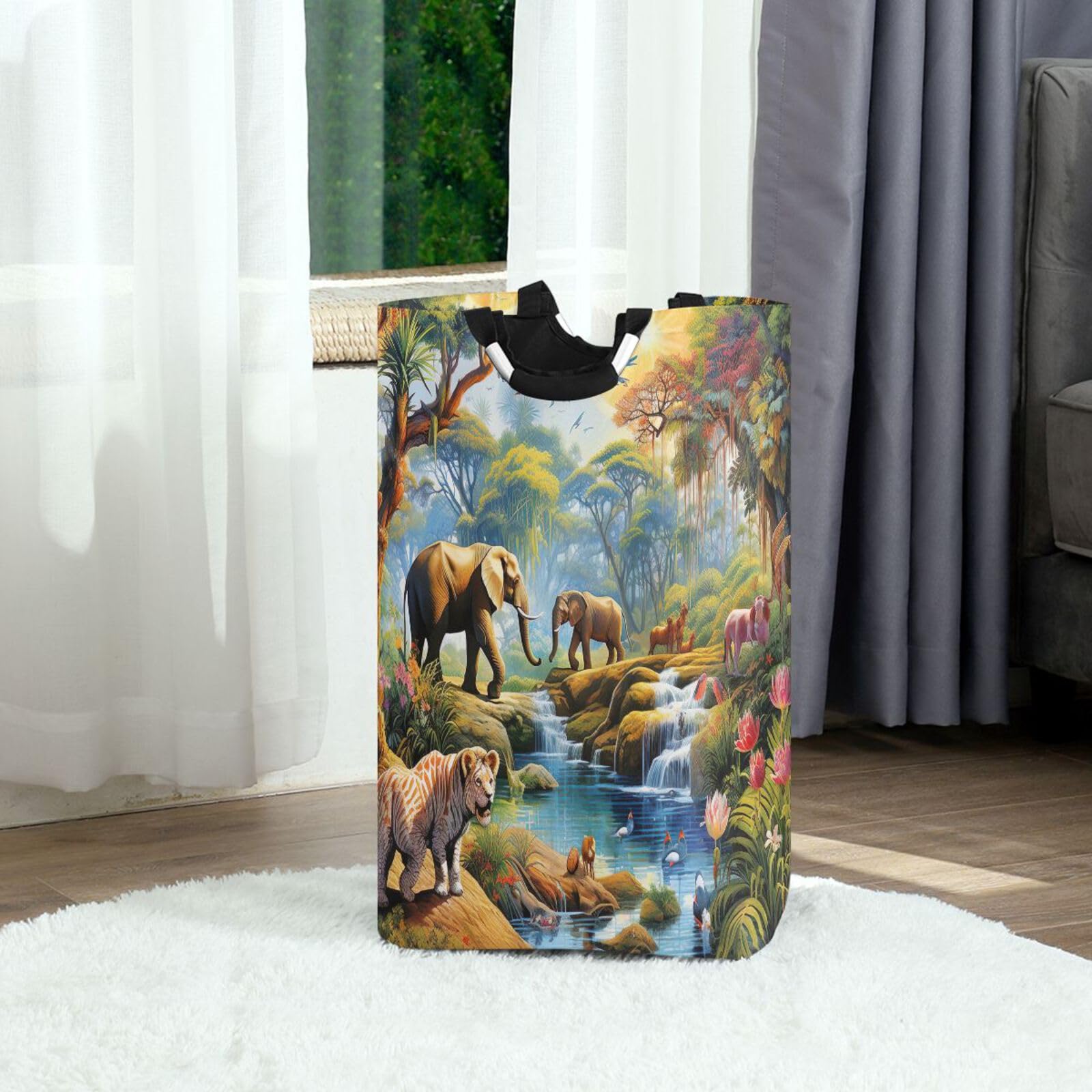 Jihqo Laundry Hamper Basket Beautiful Forest Animals Collapsible Nursery Storage Bin Waterproof Clothing Baskets for Home Bedroom Bathroom Washing Room