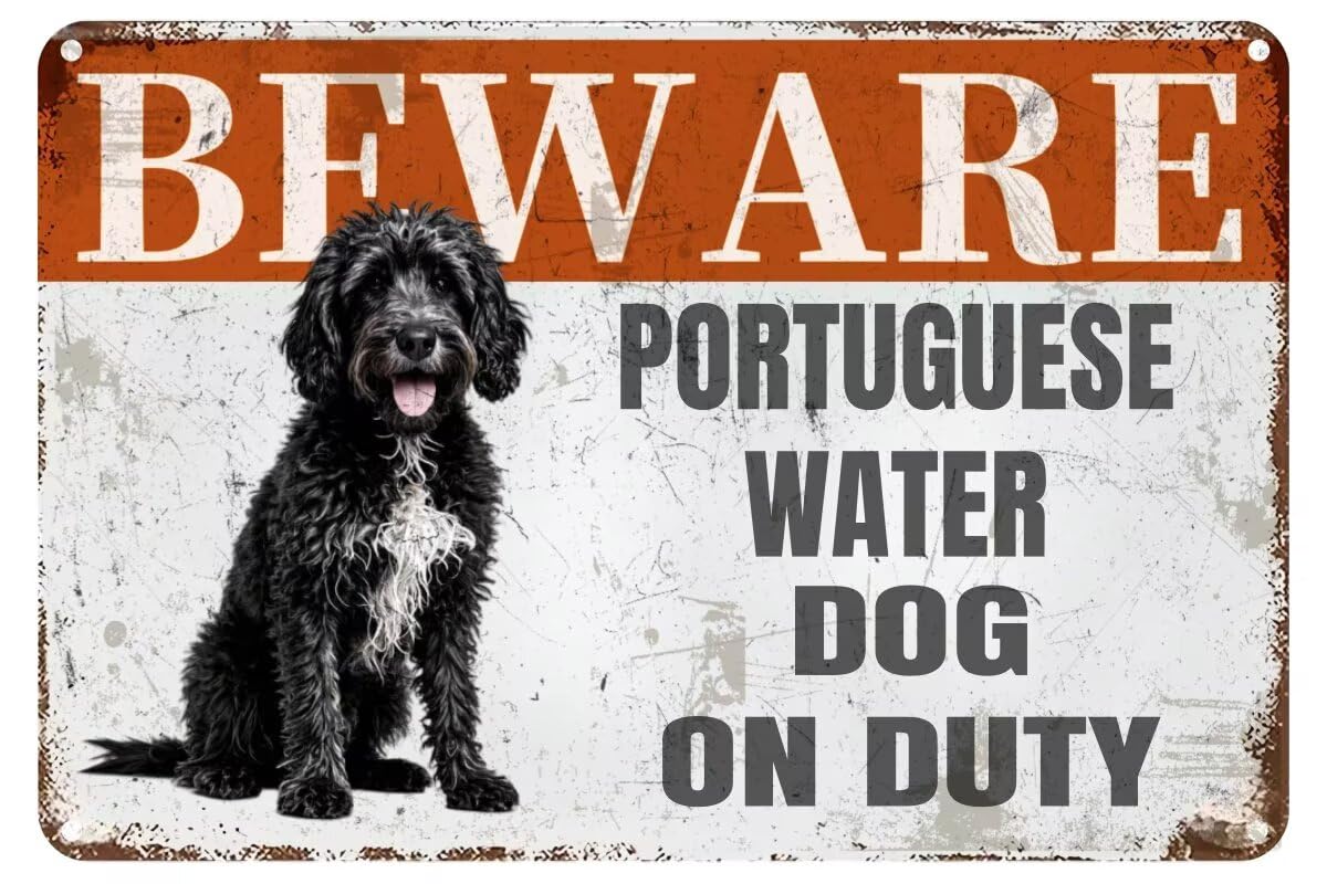 Jiufotk A3 Vintage Metal Sign Beware Portuguese Water Dog On Duty Tin Sign Retro Wall Decor For Home Coffee Bar Funny Aluminum Sign 8X12 Inch