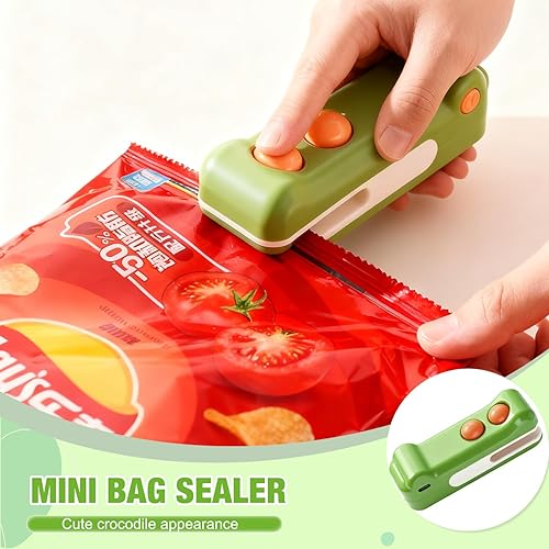 Miniatura 2 de Mini sellador de bolsas 2 en 1 con cortador e imán, máquina de sellado portátil de diseño de cocodrilo, máquina reselladora portátil recargable