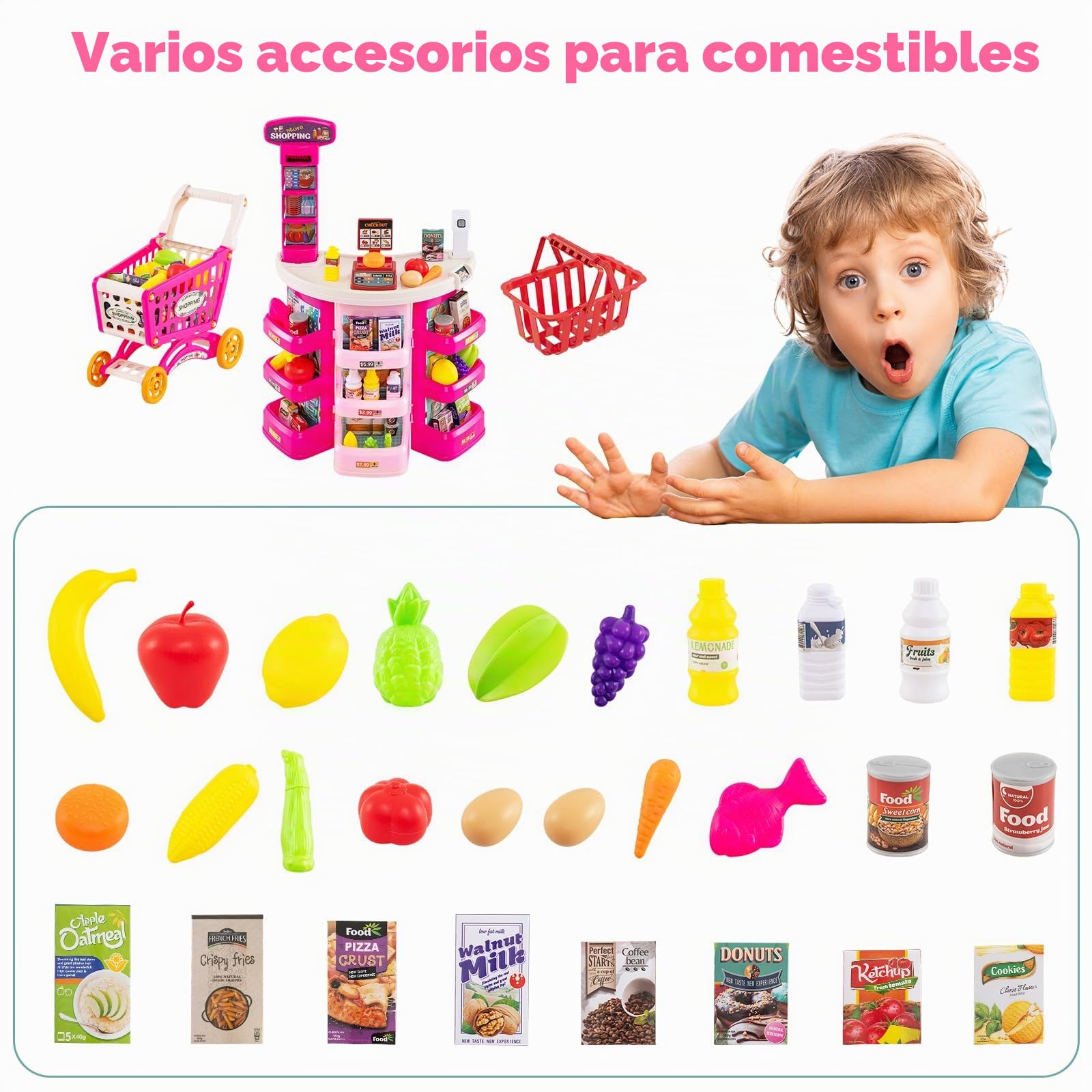 HOMASIS Juego de Supermercado con Luz, Sonido y 29 Accesorios, Tienda de Comerciantes con Caja Registradora, Carrito de Compras, Báscula y Escáner, para Niños de 3+ Años (Rosa)