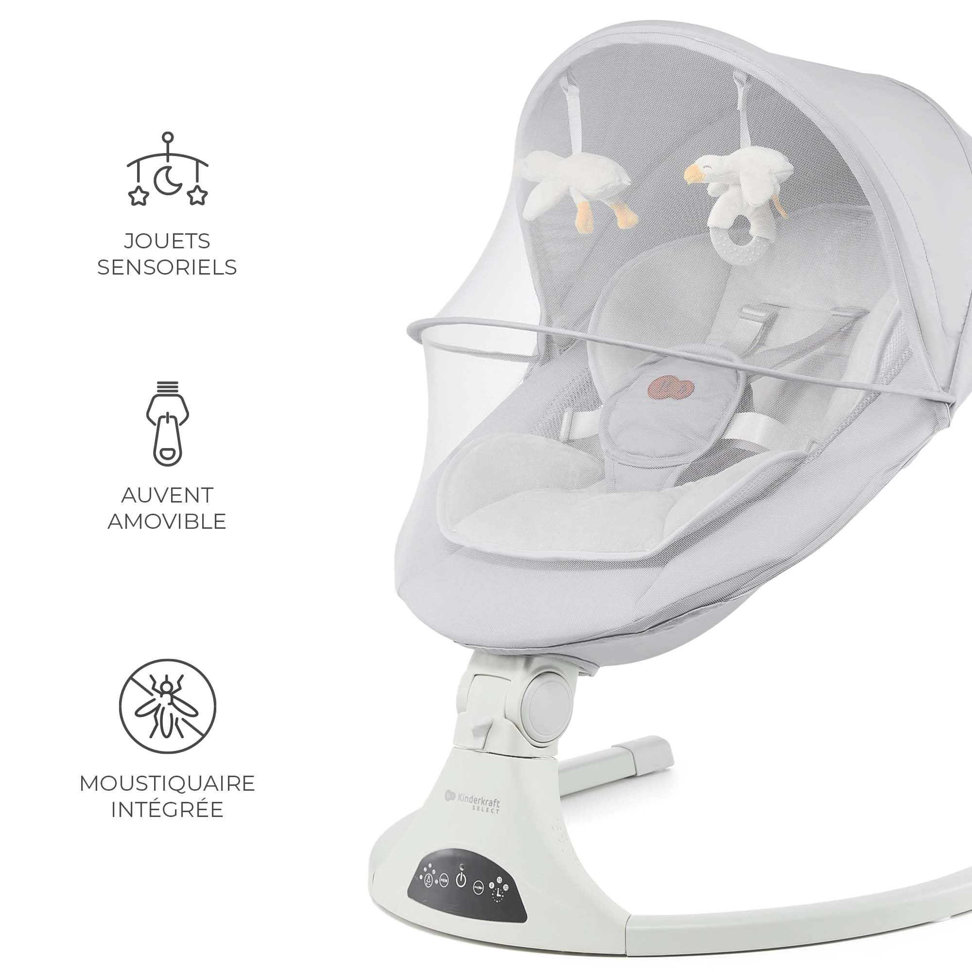 Kinderkraft TULSY Transat électrique pour bébé, 5 niveaux d'intensité, 12 mélodies préréglées, jouets amovibles, réglable, léger, Bluetooth et USB, harnais à 5 points, gris