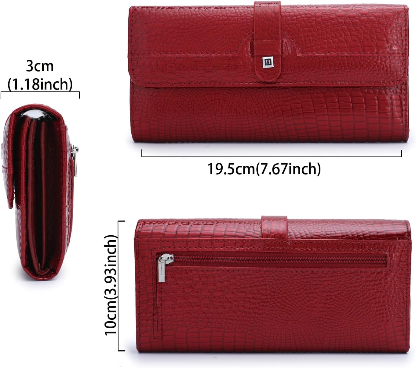 Retro Crocodile Tri-fold Genuine Leather Wallet for Women, Large Capacity Clutch with Long Zipper Coin Pocket (Black)