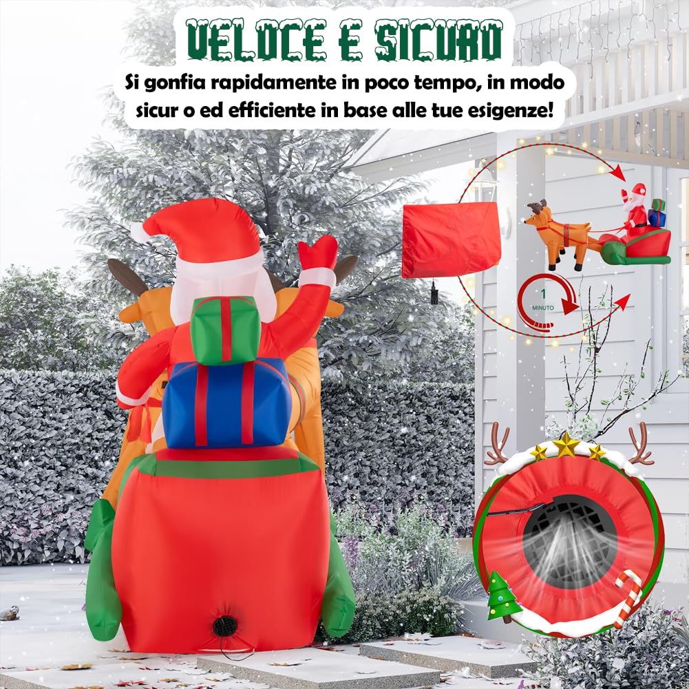 BAKAJI Babbo Natale Gonfiabile su Slitta con 2 Renne, Decorazione Natalizia Autogonfiabile, Lunghezza 240 cm con Kit di Fissaggio per Esterno, Illuminazione LED con Protezione IP44, Addobbo Natalizio