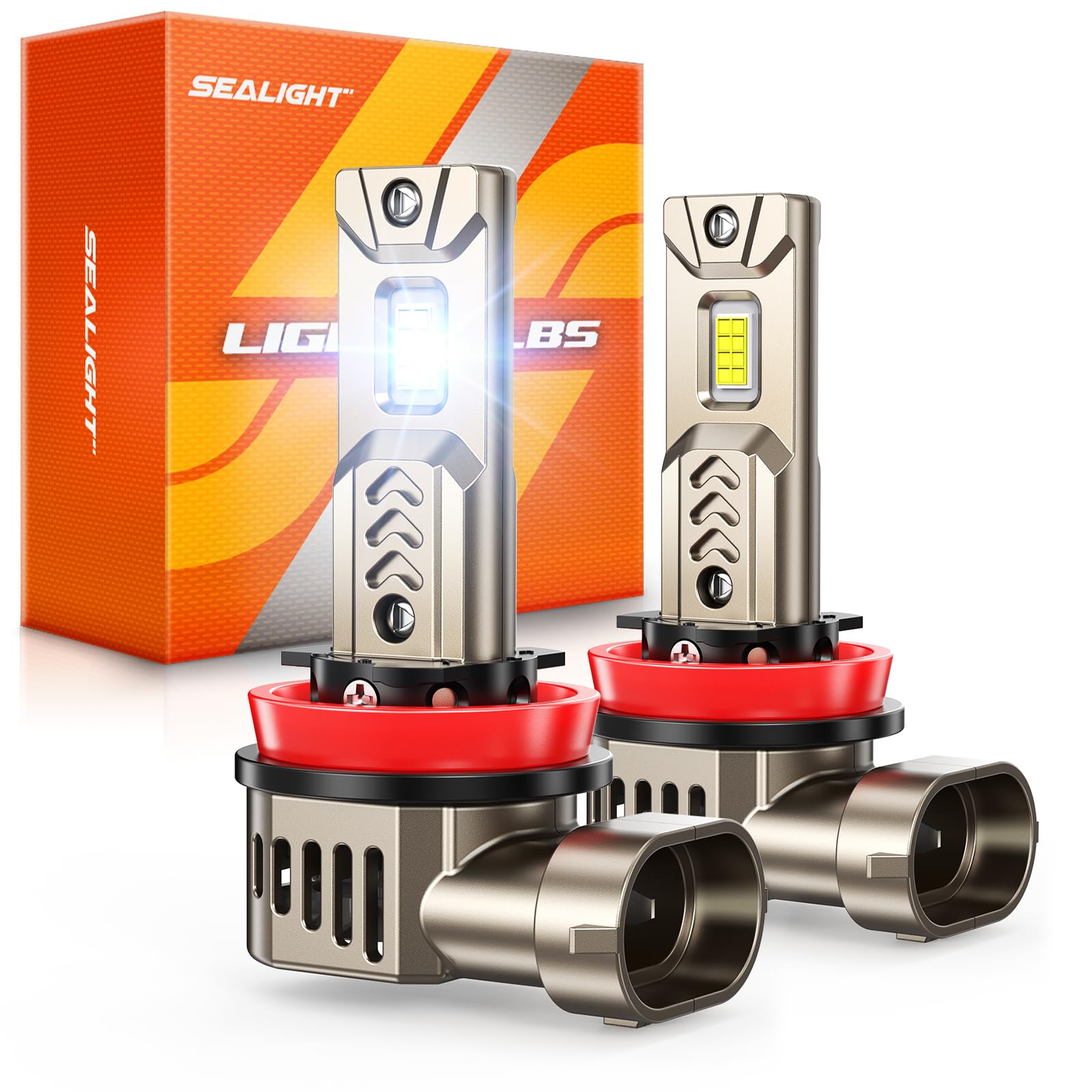 SEALIGHT H11/H9/H8 Light Bulb, 10X Super Brighter than Halogen, 6500K White Built-in Driver, LED Bulbs 360° Adjustable Plug-N-Play, 70000Hrs Lifespan with Cooling Fan, IP68 Waterproof, 2 Pack