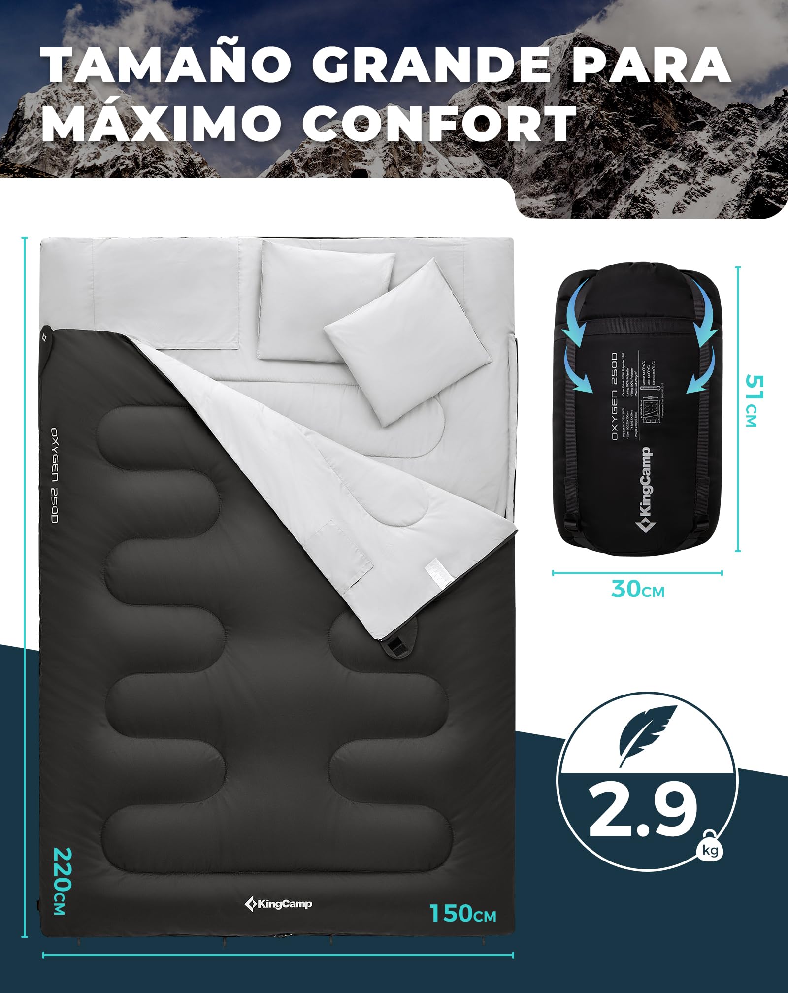 KingCamp Saco de Dormir Doble con Almohadas,220 × 150 cm para 3-4 Estaciones,Gran Saco de Dormir cálido Impermeable,para Adulto Acampar Festivales Caravaning Viaje,en Interiores o Exteriores