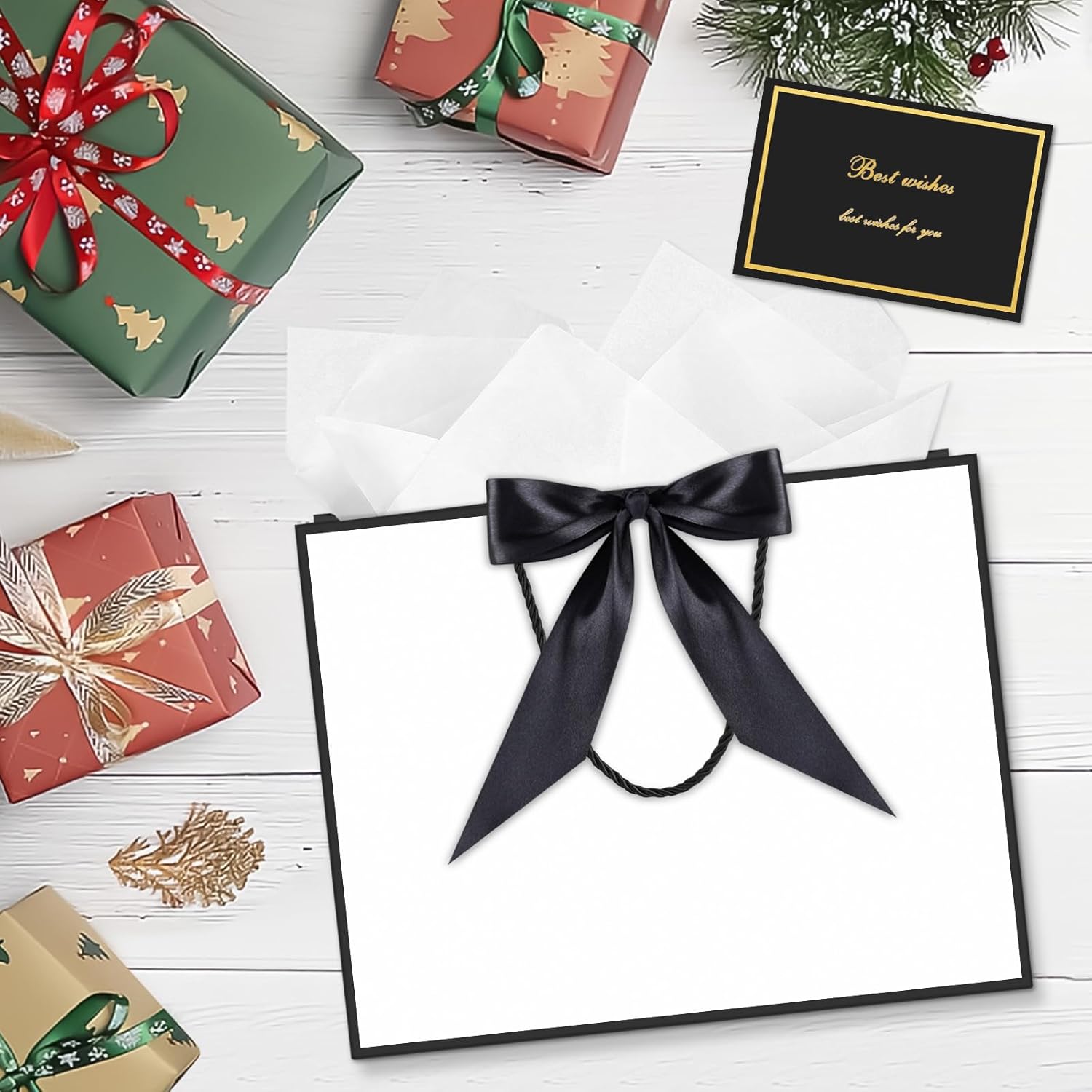 YoungTree Medium Gift Bag with Ribbon and Greeting Card 2 Tissue Papers, Paper Birthday Gift Bags with Handles, Elegant Present Bags for Valentines Day Wedding Engagement Party Supplies (White-Black) - Image 5