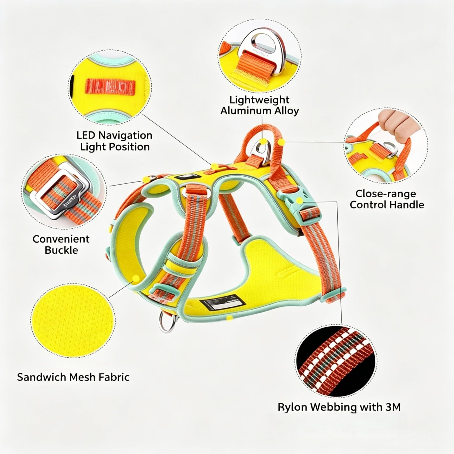 Arnés Ajustable para Perros Pequeños y Medianos – Aleación de Aluminio Ligera, Luz LED, Asa de Corto Alcance, Hebilla Conveniente, Malla Transpirable y Cinta de Nylon 3M,Púrpura,XL