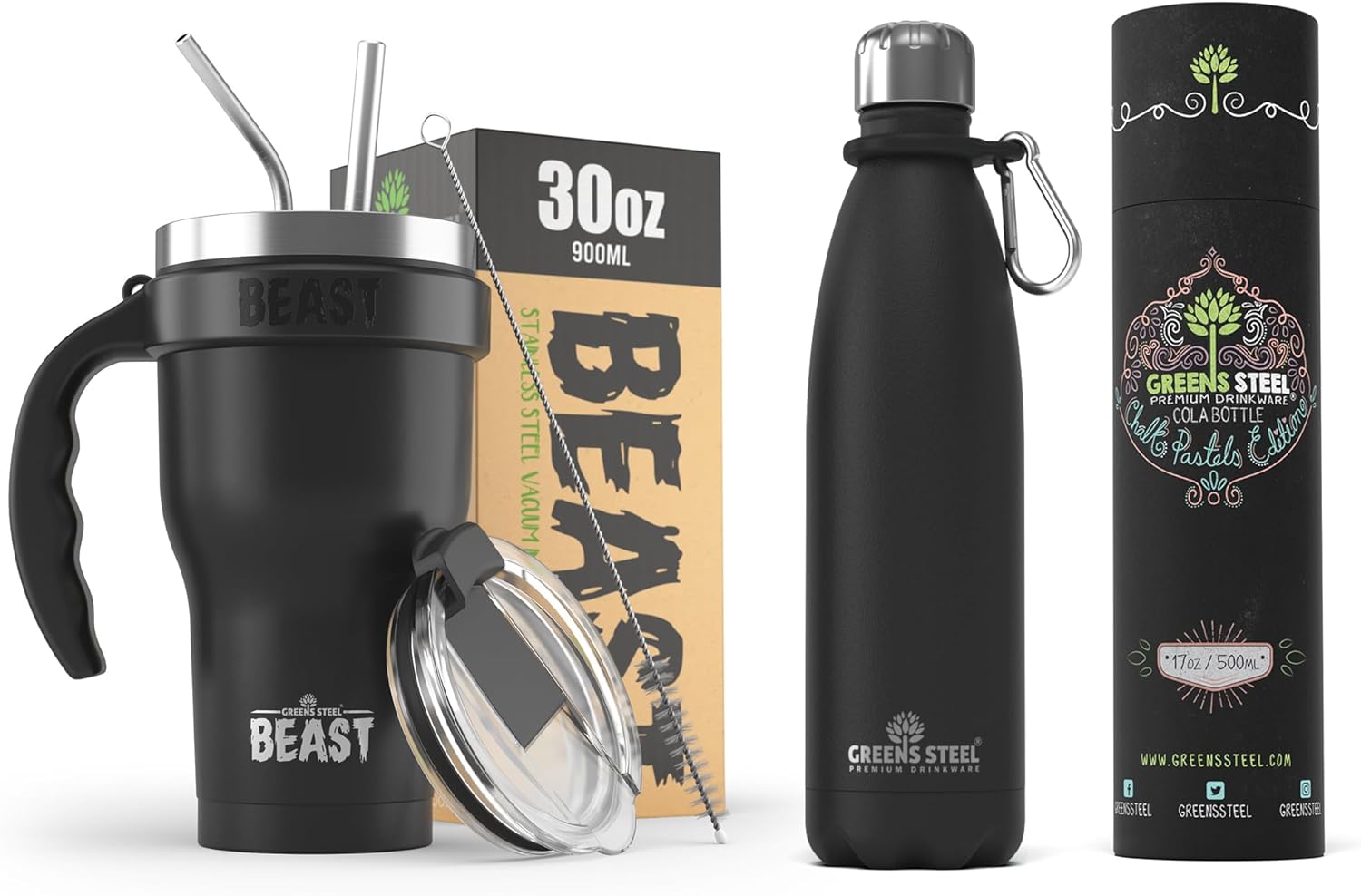 Beast 30 oz Tumbler Stainless Steel Vacuum Insulated Coffee Cup with handle plus 17 oz Stainless Steel Water Bottle (Matte Black)