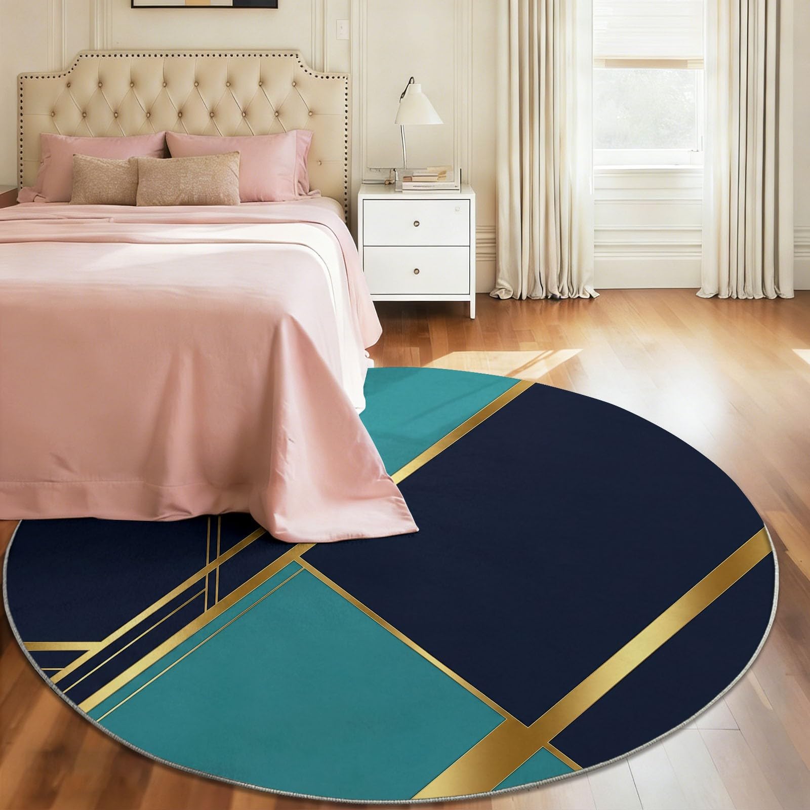 Tapis Rond Salon 180 cm Géométrique Abstrait Blocs De Couleur Bleu Canard & Lignes Dorées Tapis de Sol Décoration Antidérapant pour Salle De Séjour Intérieur, Bleu Doré