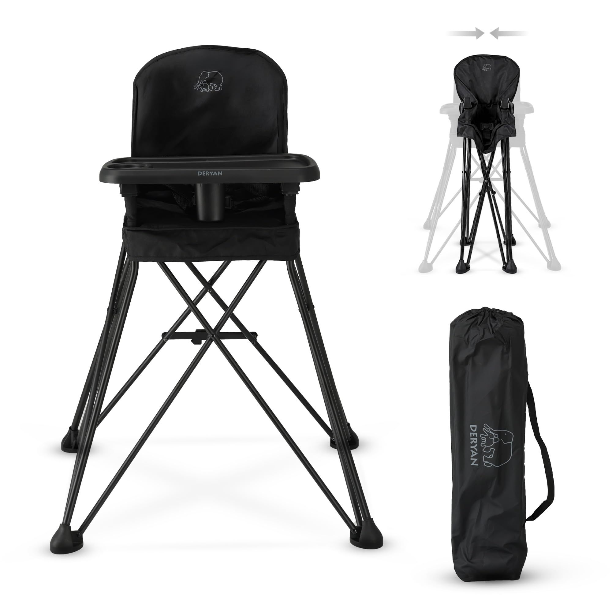 Deryan Pop 'N Sit Trona Plegable con Asiento Incluido, Ligera y Estable, con Bandeja, Lavable, Negro, para Bebés a partir de 6 Meses