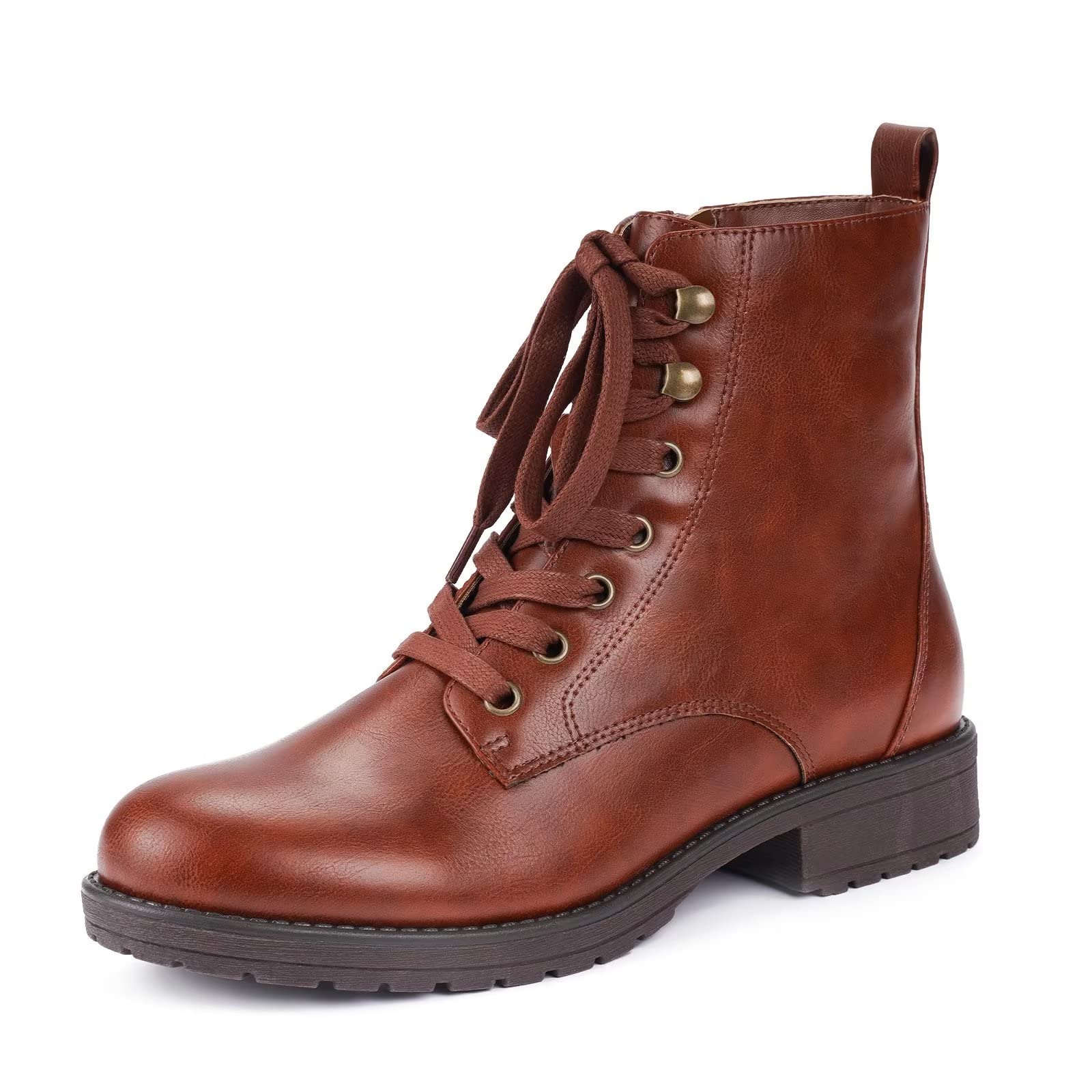 LISYIIZAnkle Combat boots for Women Flat Lace up Booties with Zip Round Toe Soft Insole Warm Breathble Lining for Girls Ladies Fall Winter