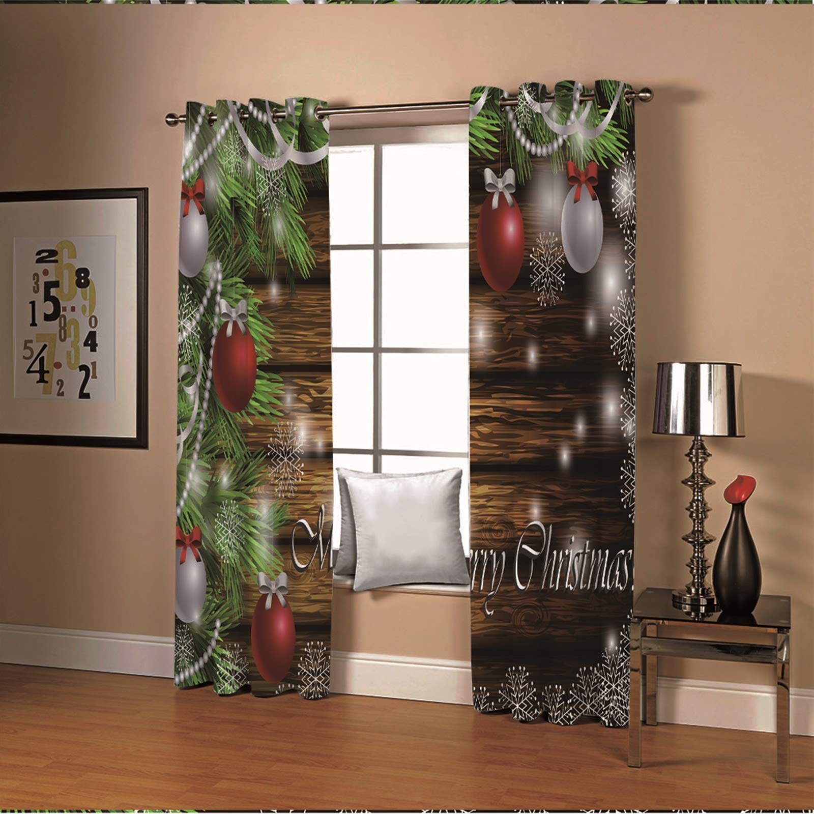 Daesar Lot De 2 Rideau Fenetre Noel, Rideau Classique Salon Décoration de Noël et Flocon de Neige Rideau Fenetre Chambre 107x138CM Rideaux Occultants Marron Vert Rouge
