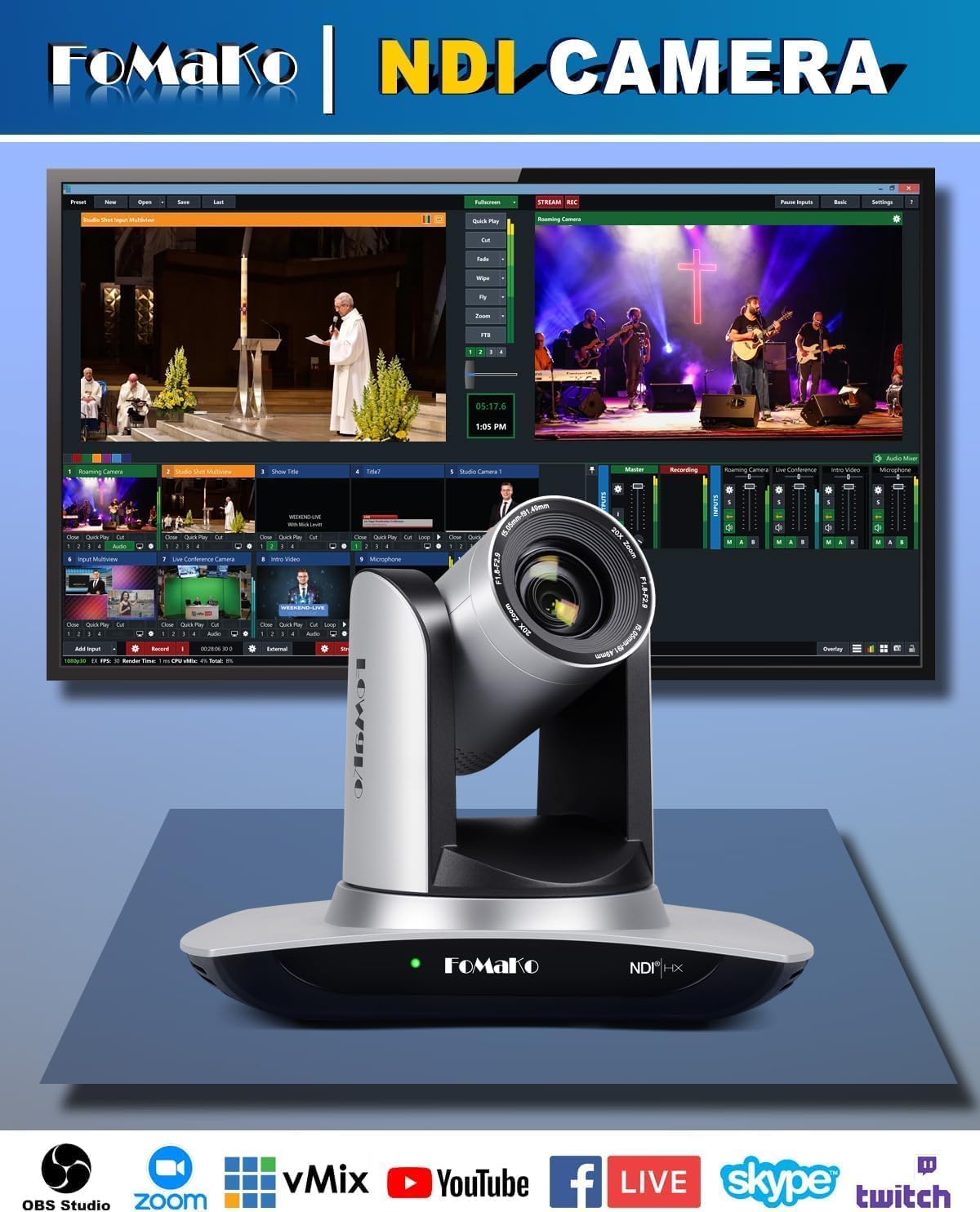FoMaKo NDI HX3 PTZ Kamera Set, 20x Optischer Zoom KI-Auto-Tracking, mit HDMI/USB3.0/LAN(PoE), für YoTube vMix OBS Live Streaming, mit 2*FMK20UH NDI Kamera(Silber) +1* NDI PTZ Controller (BN402)