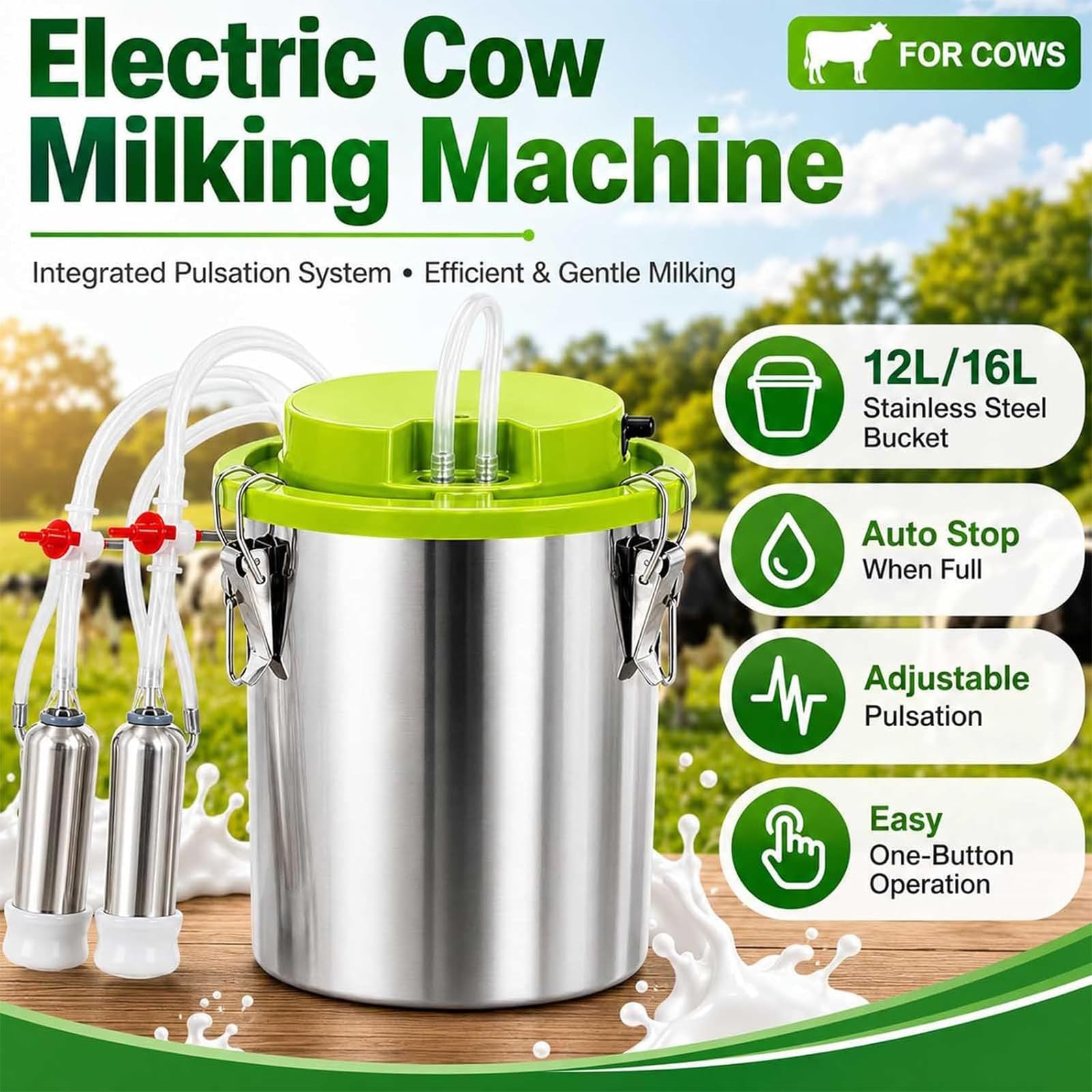 Mungitrice Automatica per Mucche e Capre, Mungitrice Elettrica Senza Fili con Vuoto e Pulsazione Regolabile, Secchio Inox Alimentare, Attrezzatura Portatile per Piccole Aziende (16L)