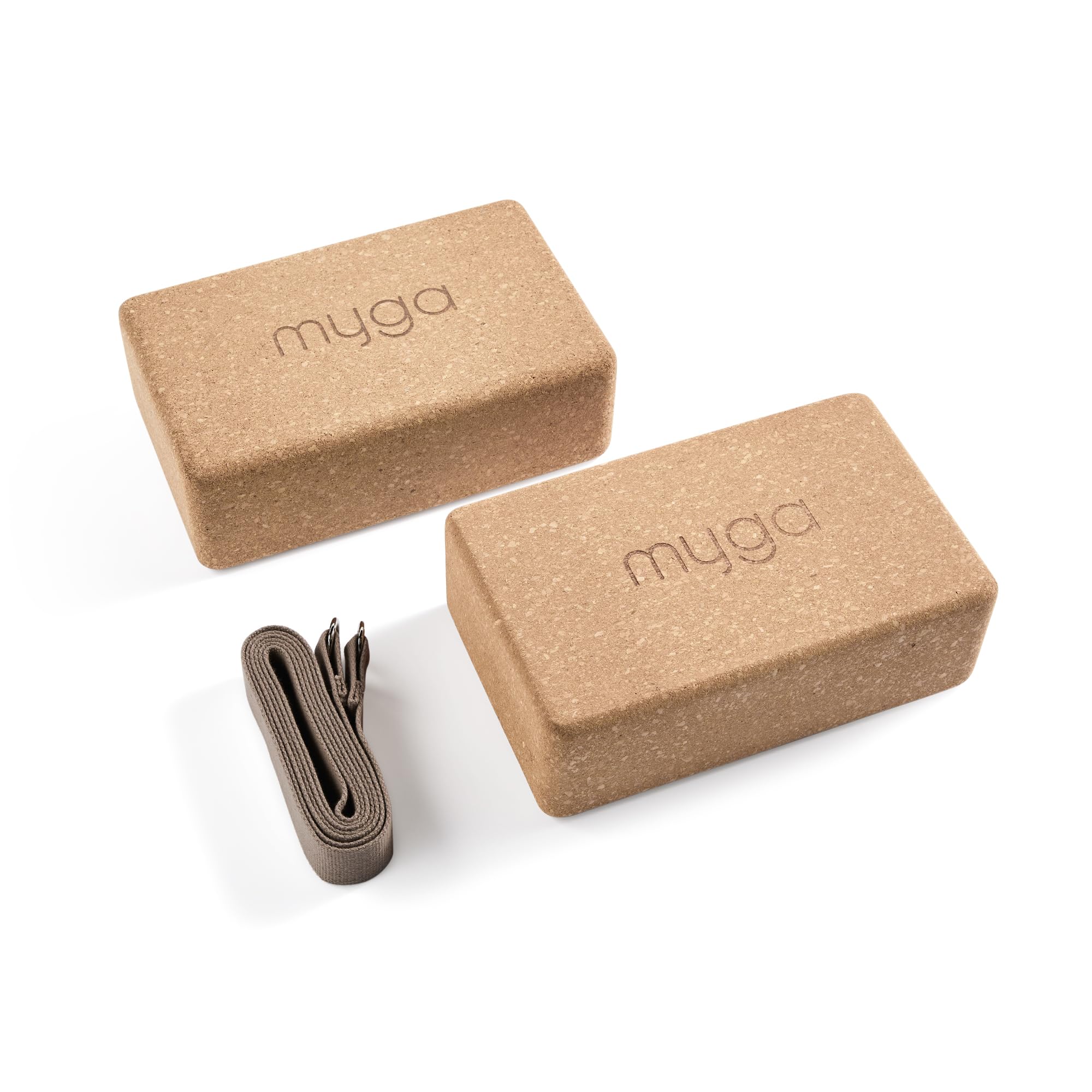 Myga Cork Yoga Blocks & Strap Set - 2 Natural Cork Bricks and Metal D Ring Belt for Yoga, Pilates and Fitness - Support and Deepen Poses, Non-Slip and Eco-Friendly for Home & Gym (Wood)