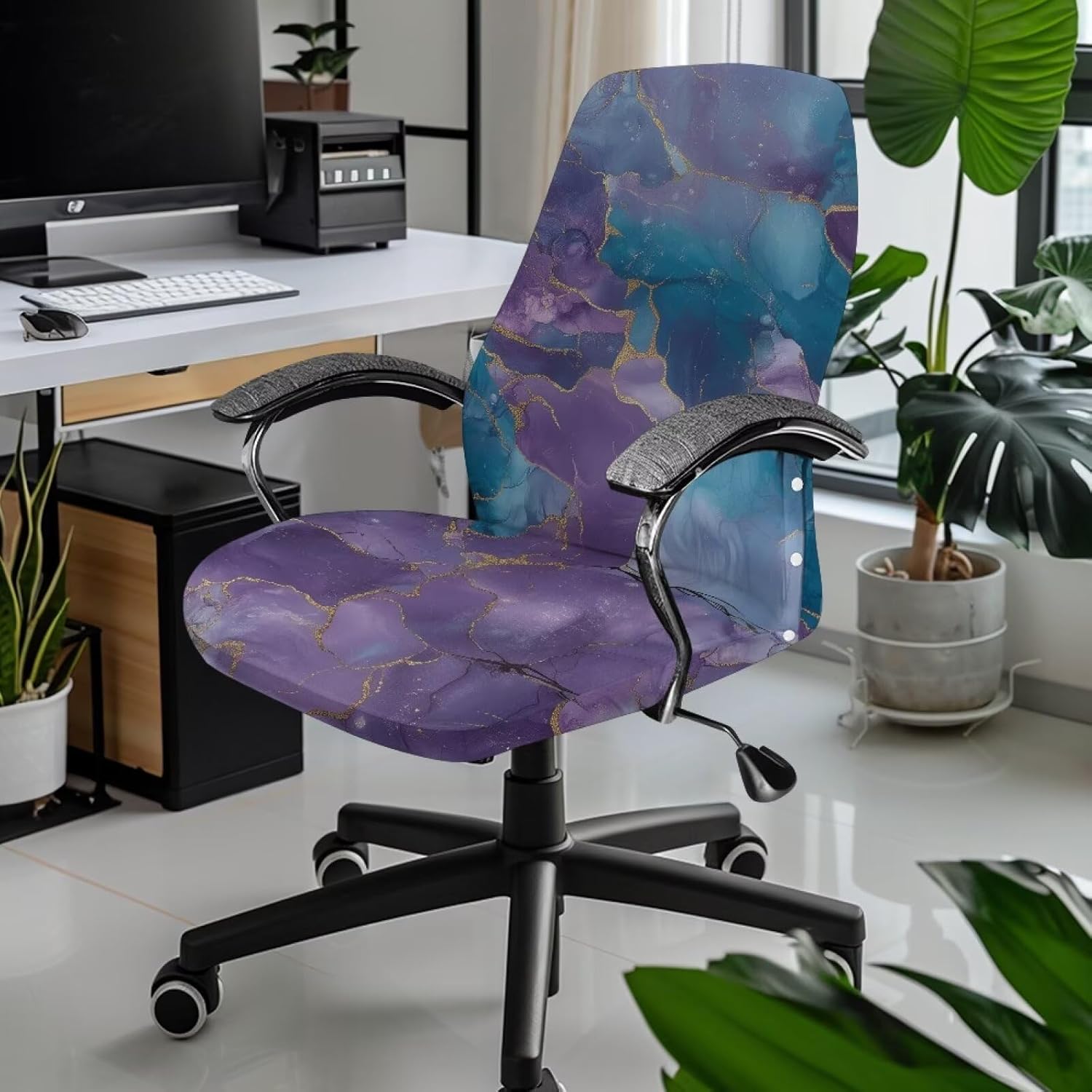 Wanyint Marble Violet Blue Office Chair Cover Rotating Chair Cover Protective Gaming Chair Cover for Office Chair Stain Resistant Non-Slip Office Chair Slipcover, L