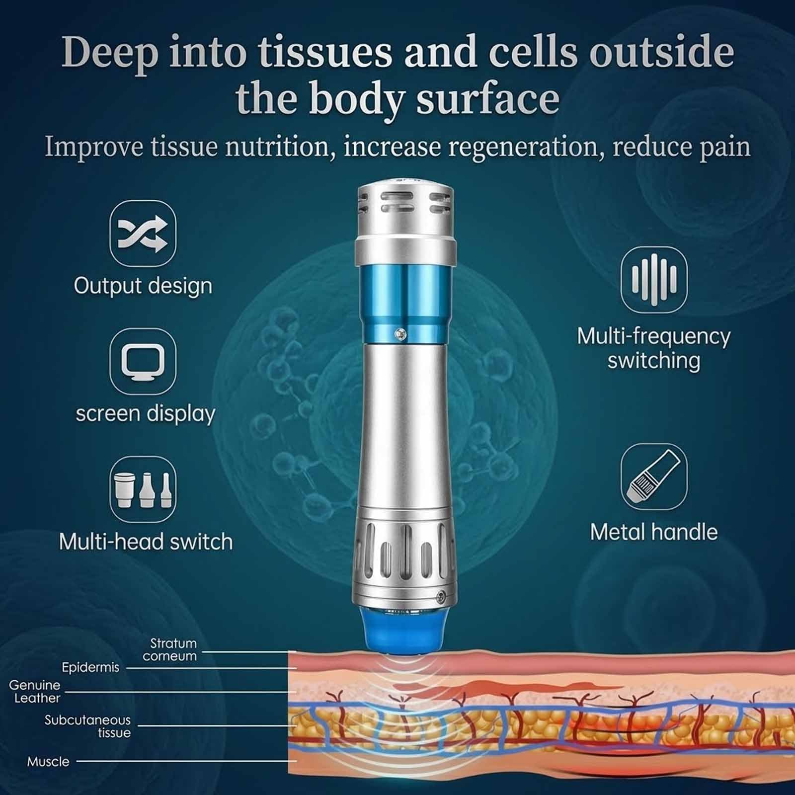 MObyat Apparecchio per Terapia Extracorporea A Onde Durto Focalizzate, Strumento Fisioterapico Pneumatico A Onde Durto con 7 Testine Massaggianti, Regolazione del Livello di Energia: 5 Mj-250 MJ, per
